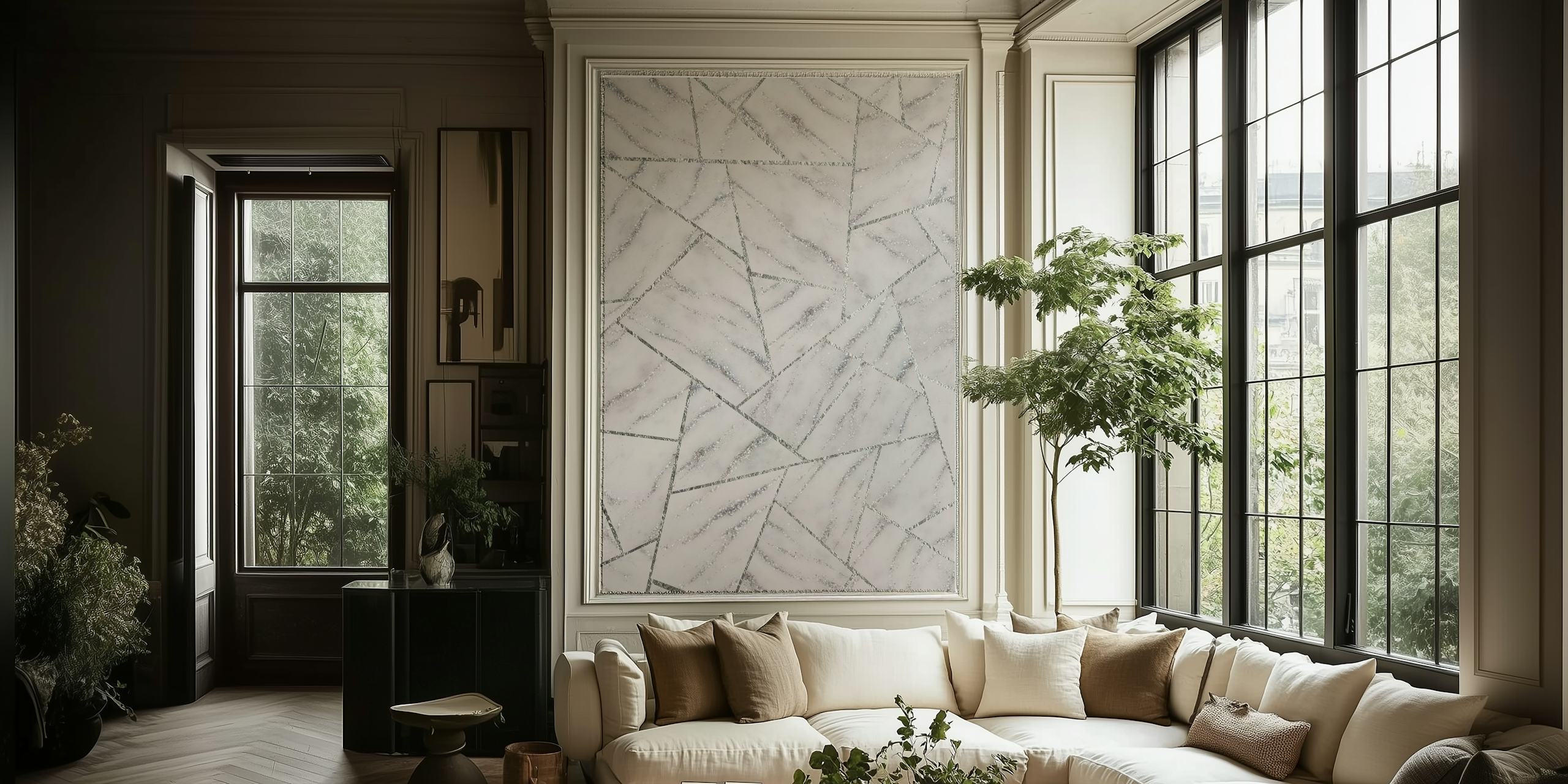 Geometric silver and white marble pattern wallpaper
