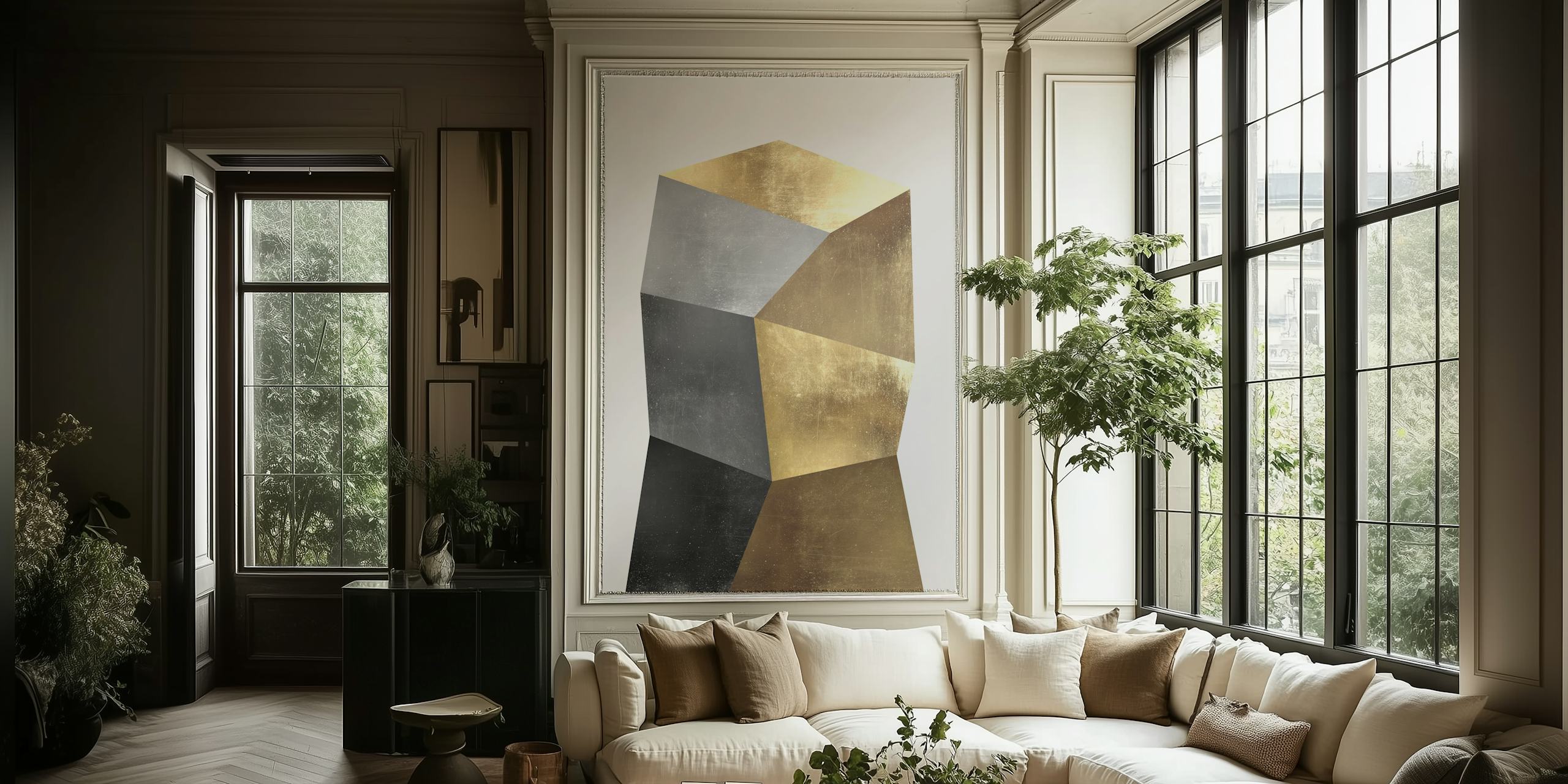 Gold and metal geometric figure wallpaper with metallic sheen