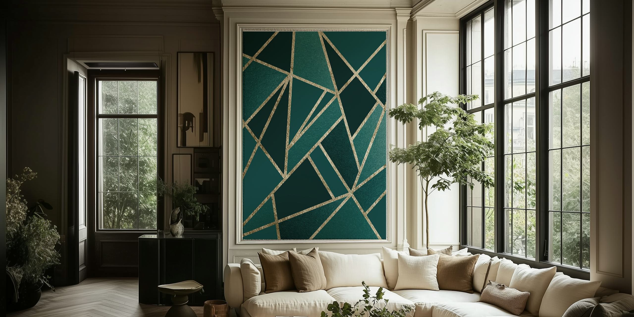 Papel de parede Teal Glam Gold Geo em um quarto