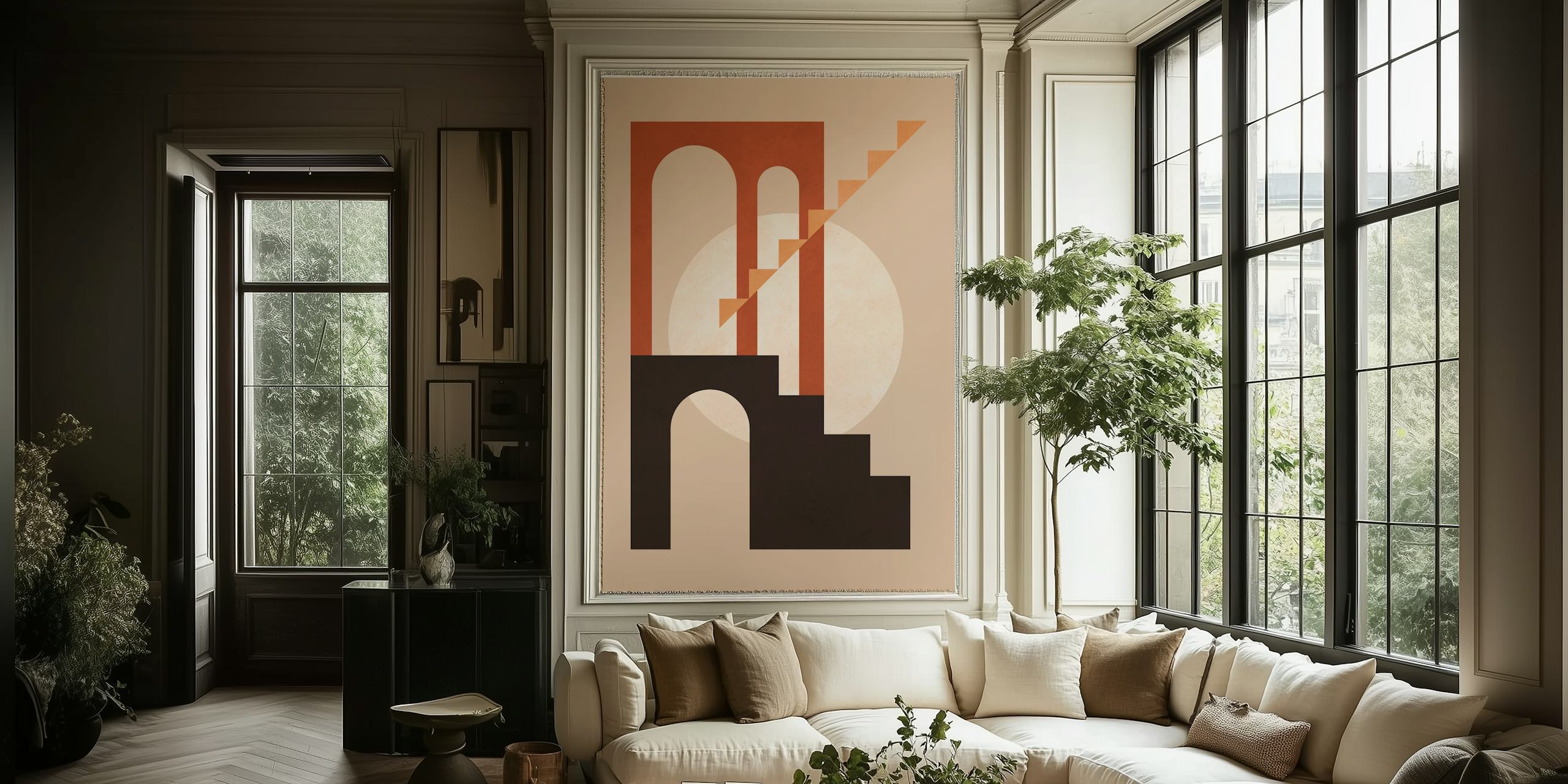 Geometric architectural shapes in earth tones on a beige background wallpaper