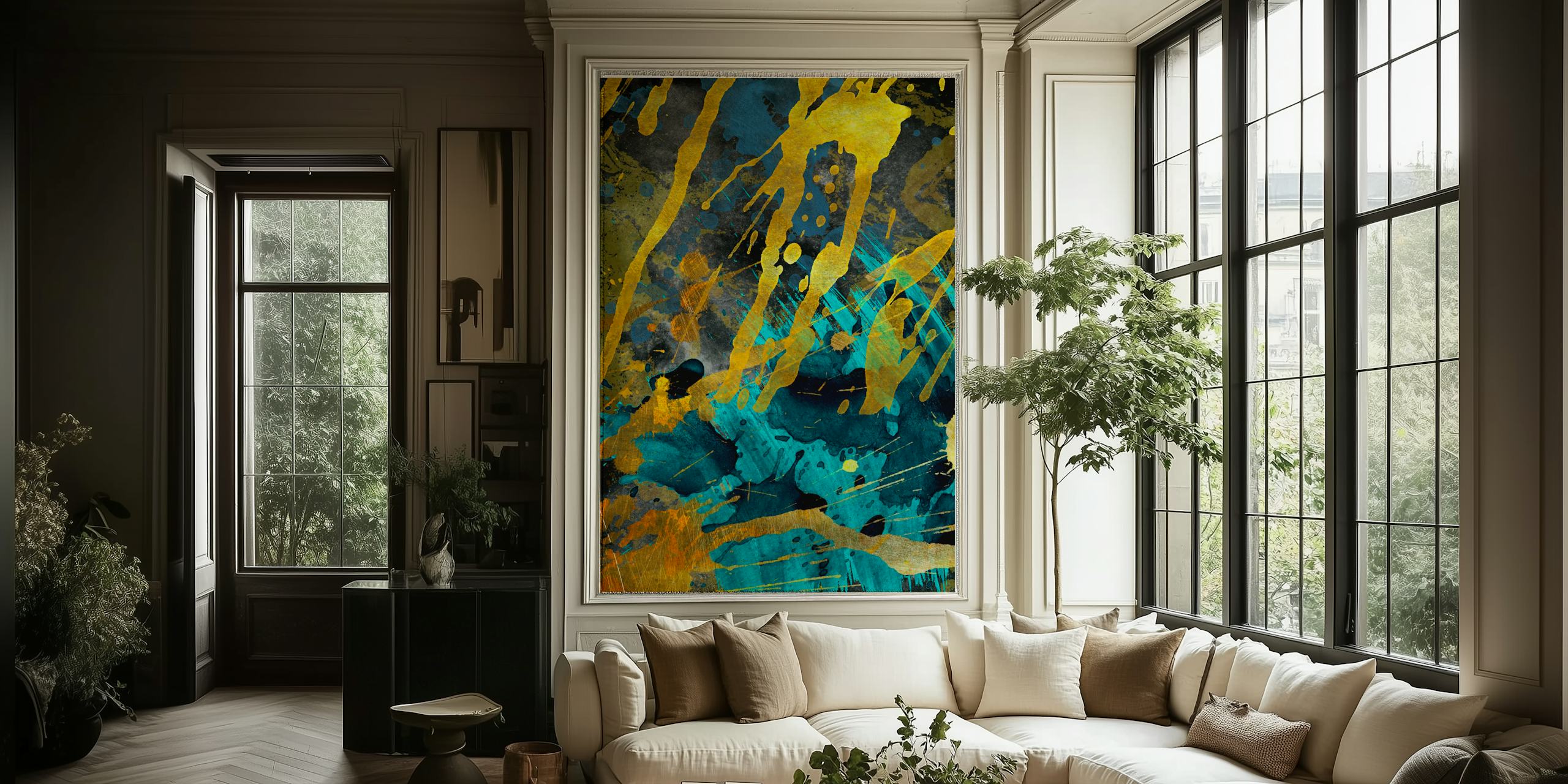 Blue abstract wallpaper with gold metallic geometric shapes and splashes