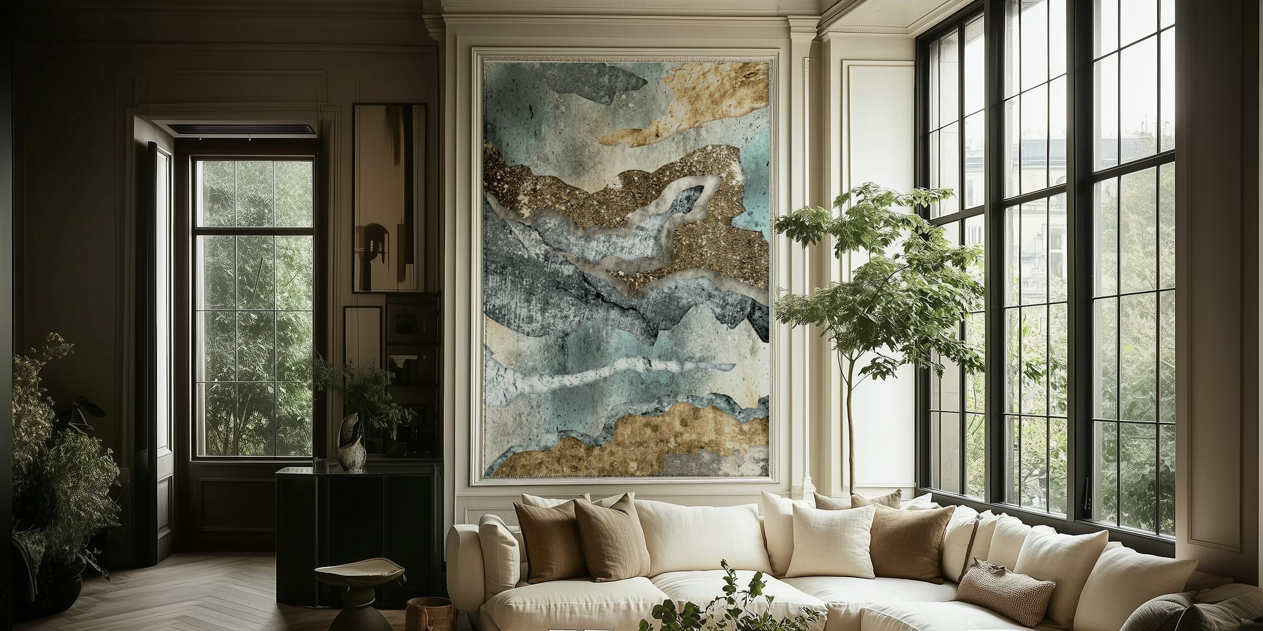 Abstract rocky shapes in blue, copper, and beige tones wallpaper