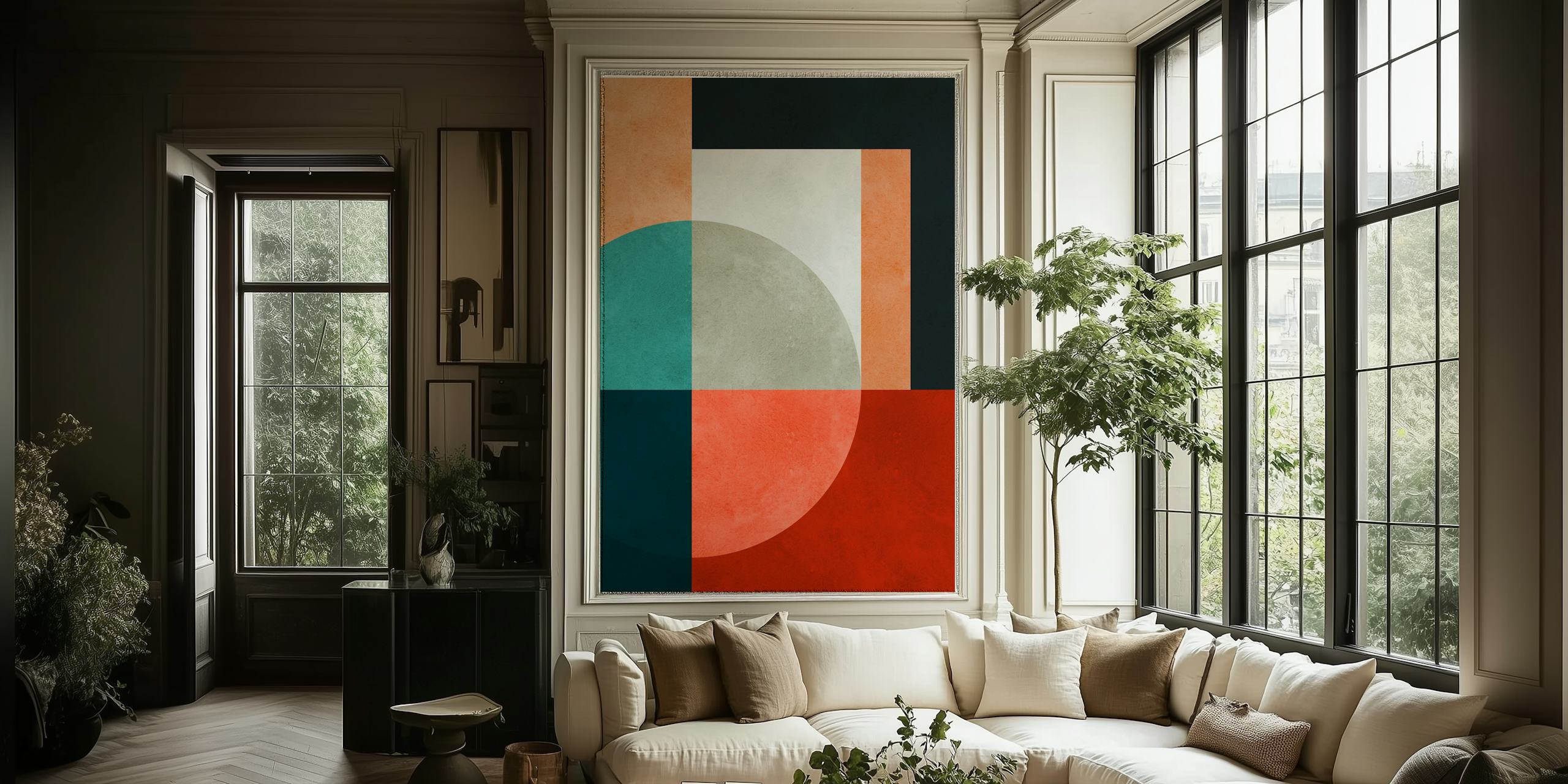 Geometric shapes in warm earth tones: terracotta, teal, and cream wallpaper