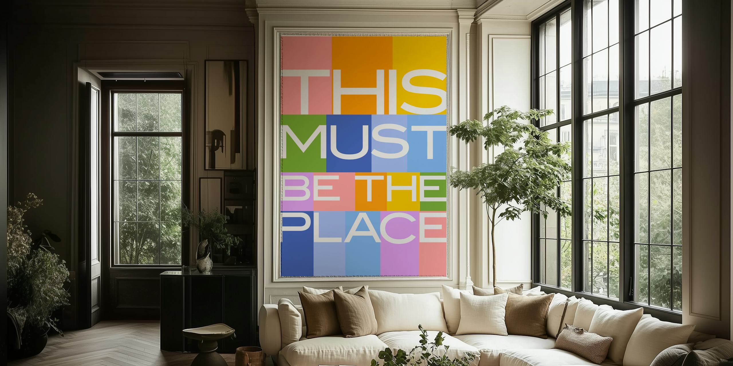 Färgglad tapet med This Must Be The Place text