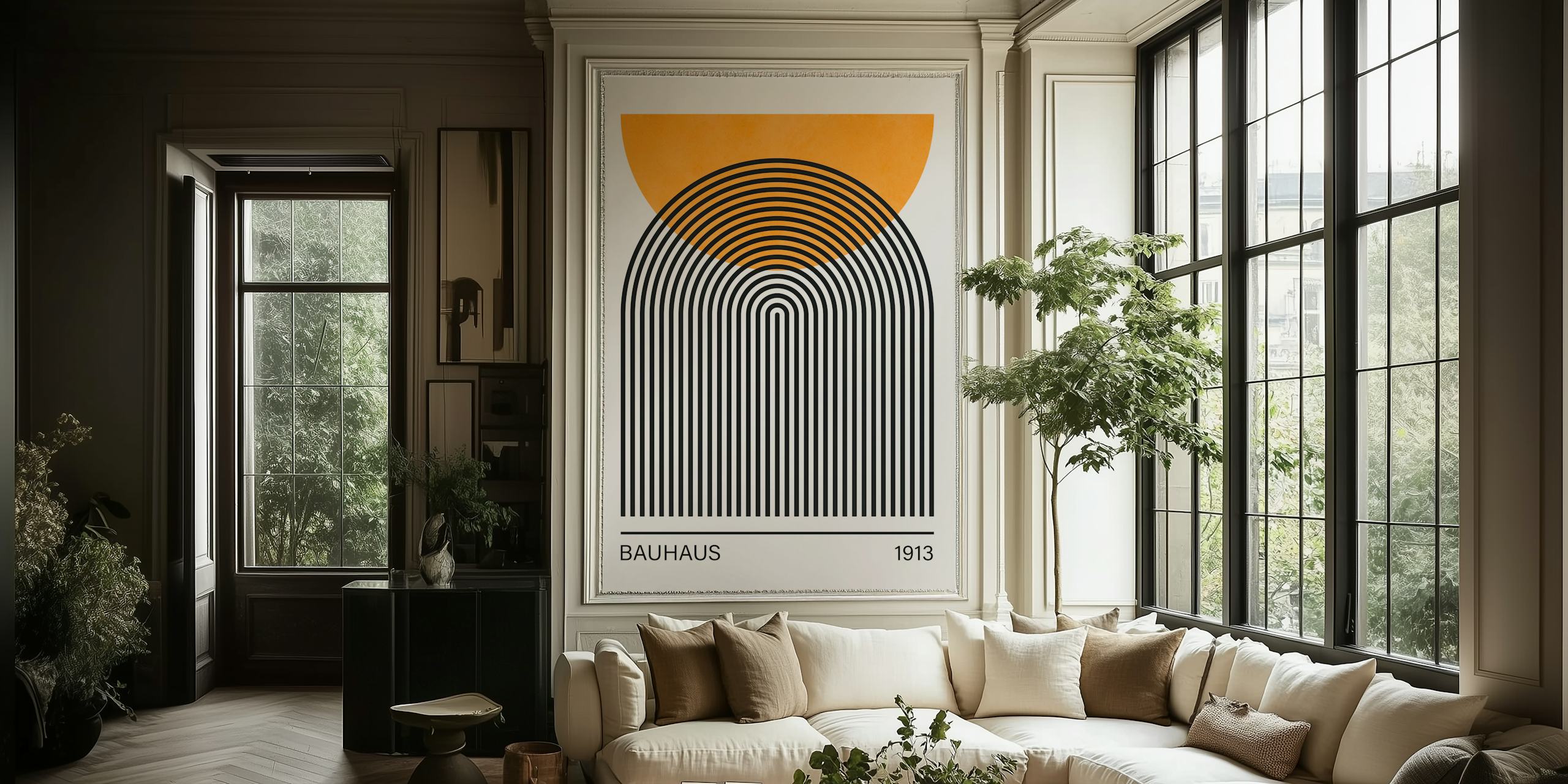 Black and white geometric lines with orange semi-circle wallpaper