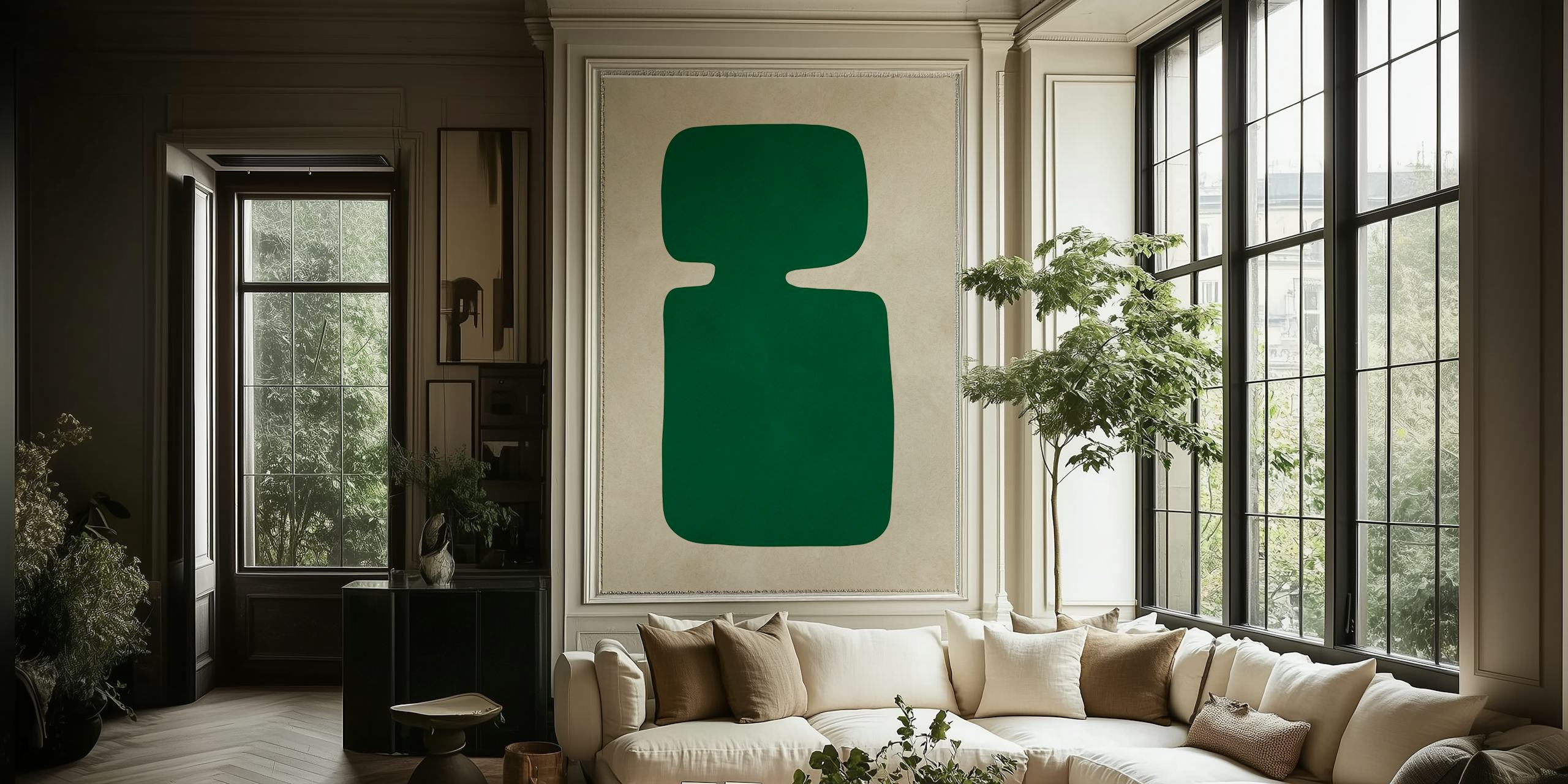 Abstracte geometrische vorm in diepgroen op een gestructureerde muurschildering als achtergrond