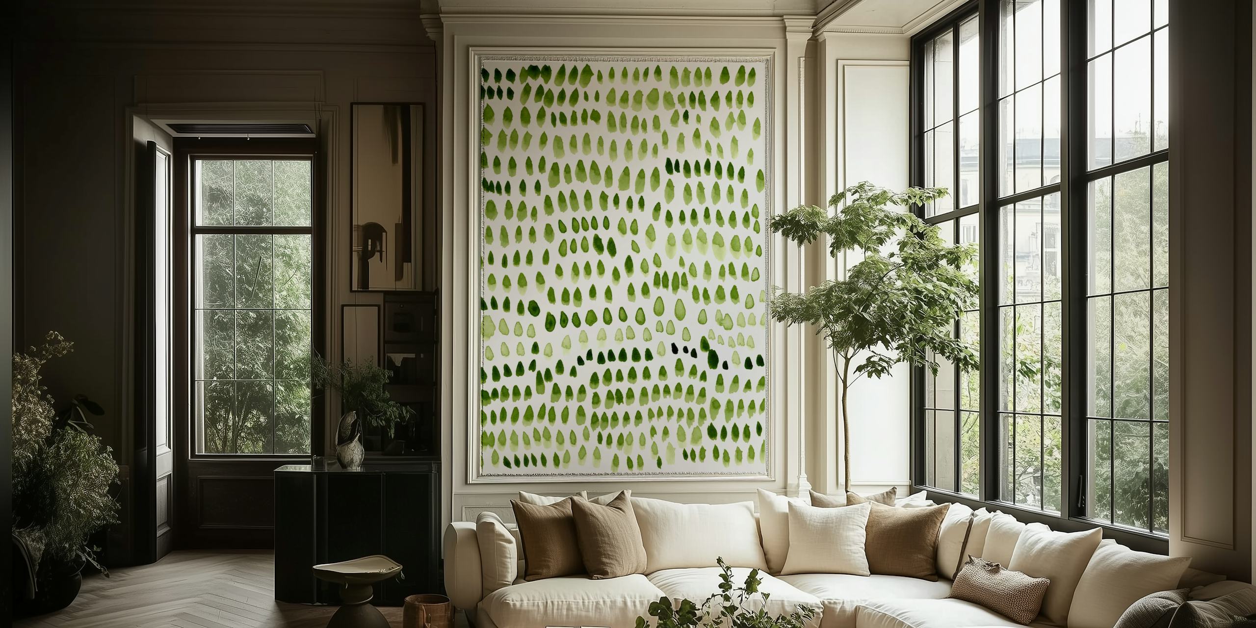 Green painted dots wallpaper in a room
