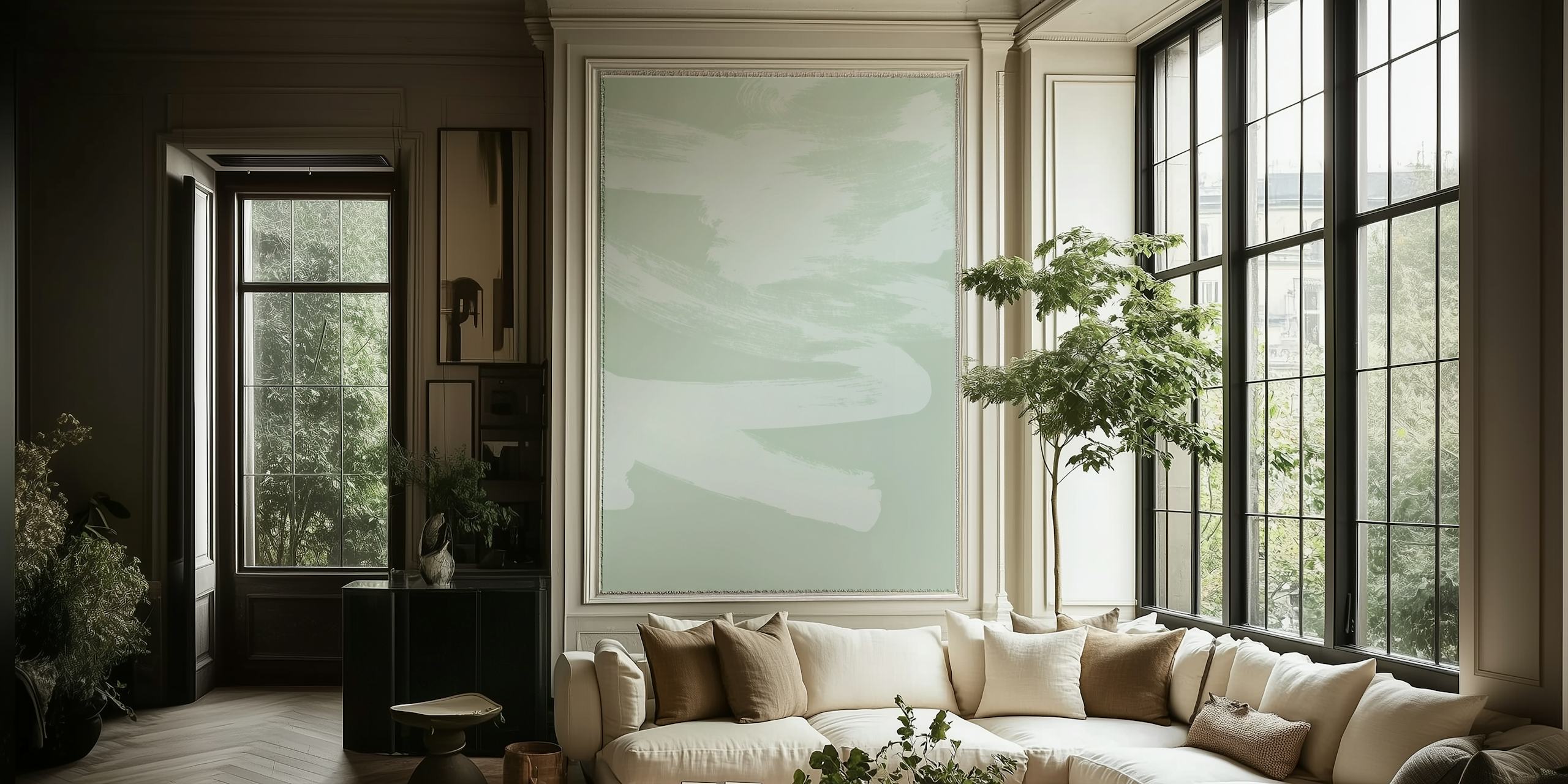 Pale green brushstroke wallpaper in a room