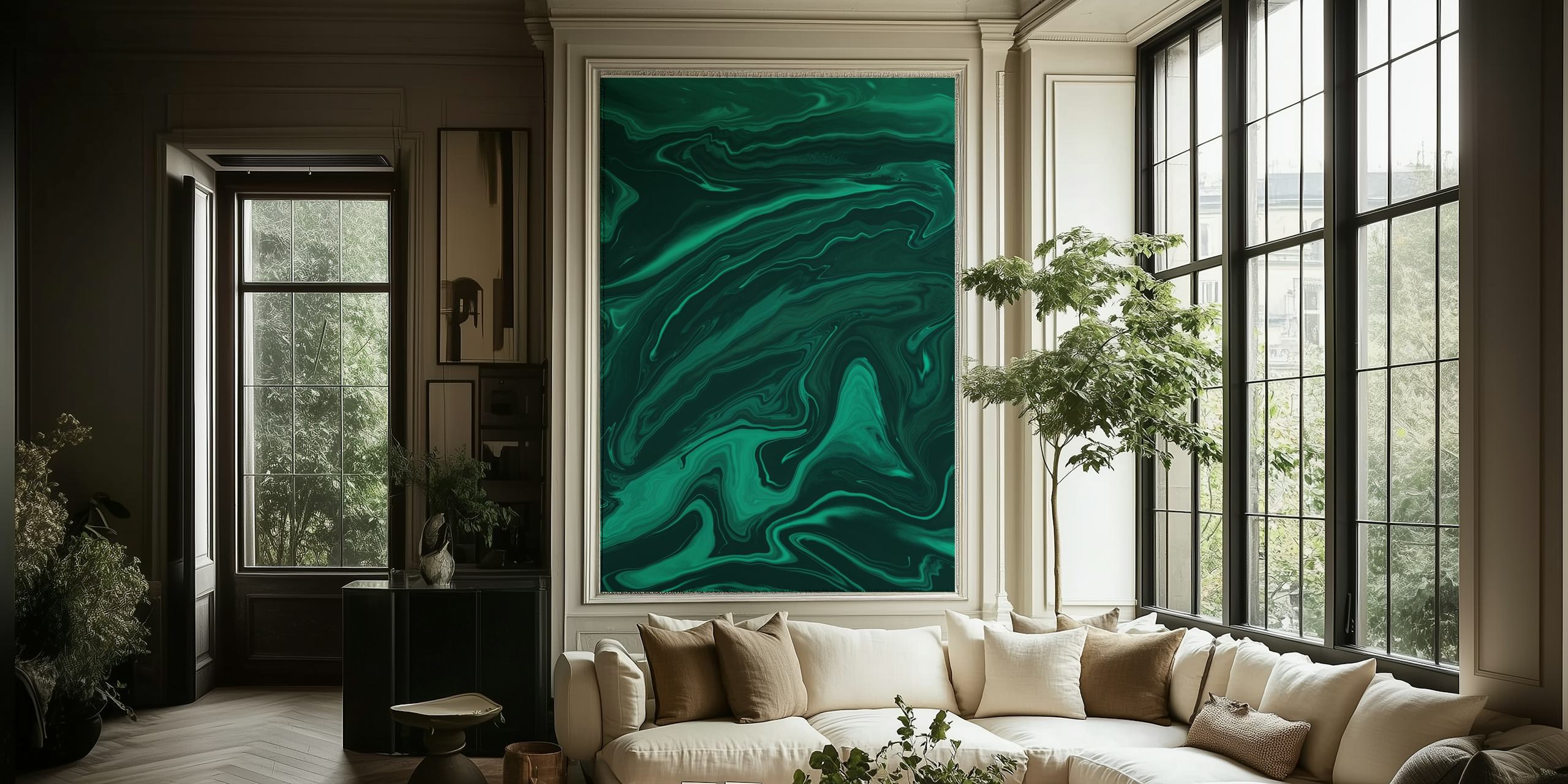 Dark green abstract marble wallpaper with fluid patterns