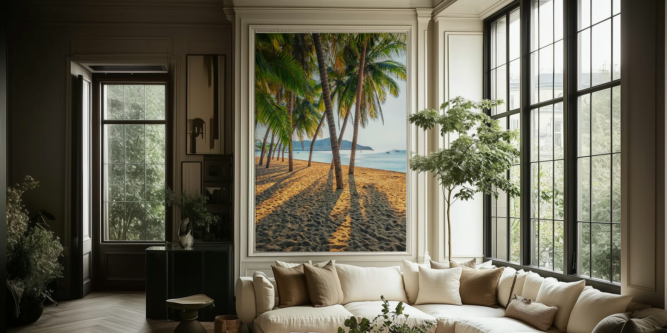 Tropisch strand fotobehang met palmbomen en uitzicht op de oceaan