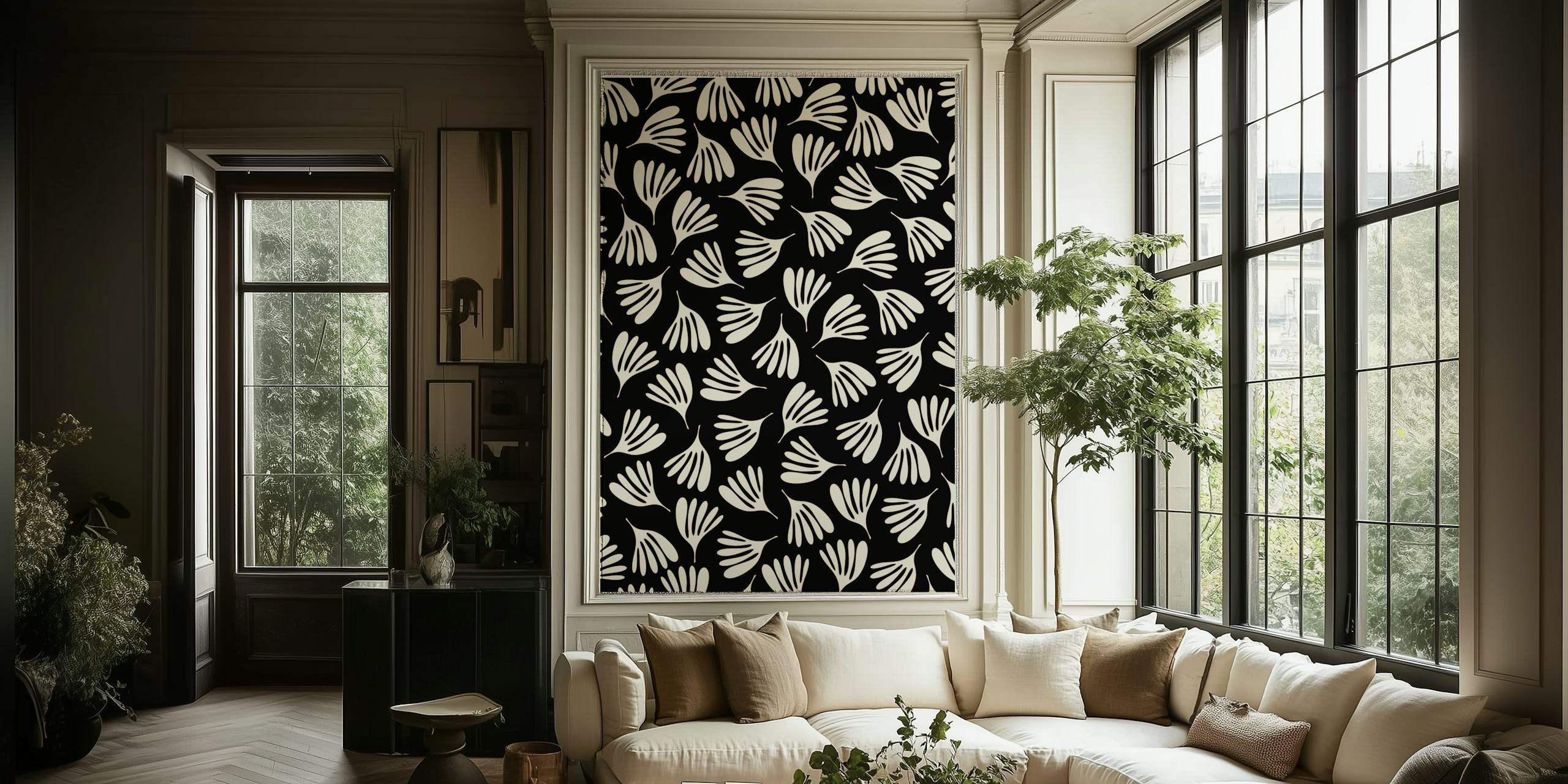 Floral design in black and white wallpaper