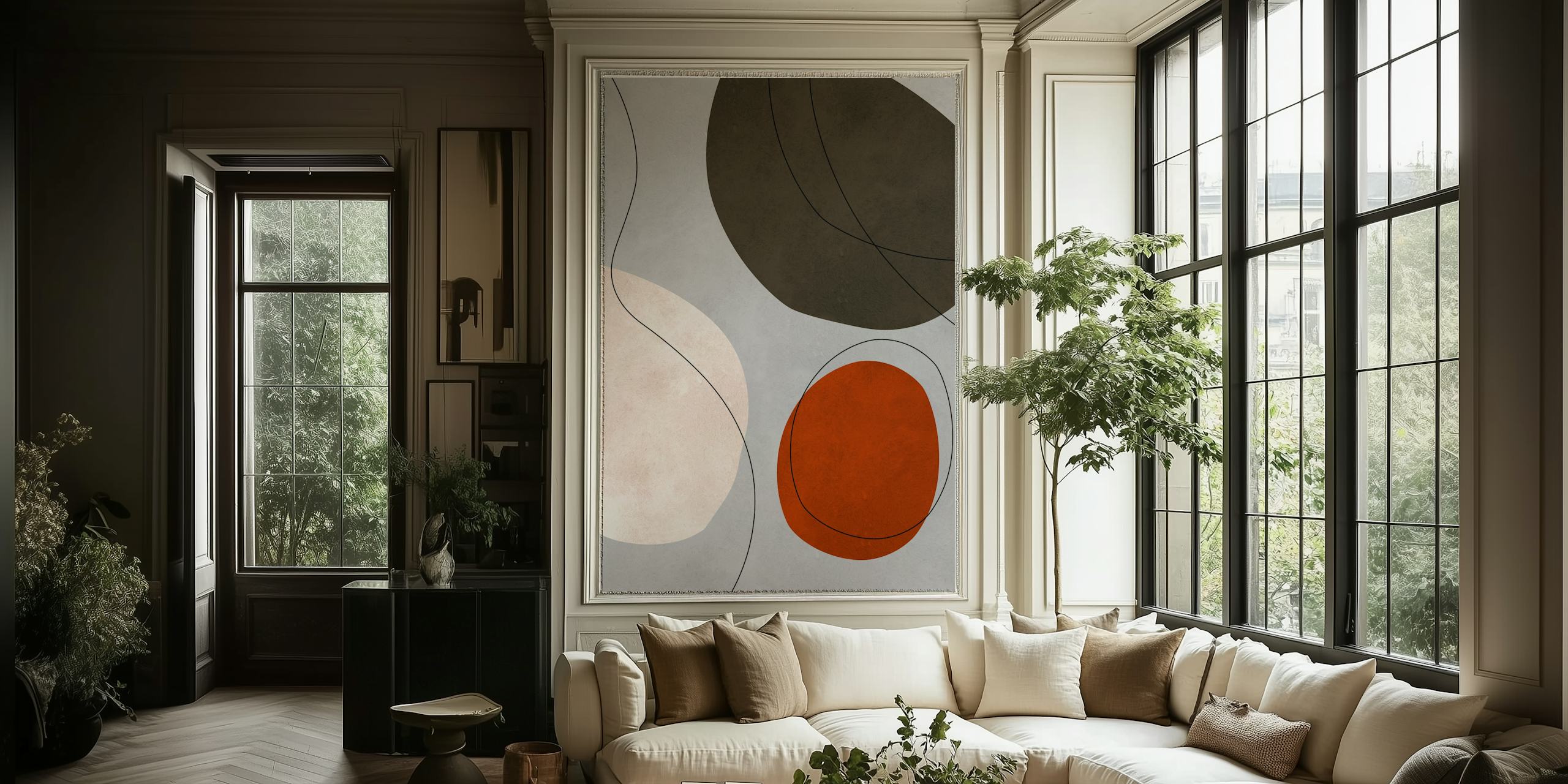 Abstract shapes in earthy tones: gray, terracotta, olive green wallpaper