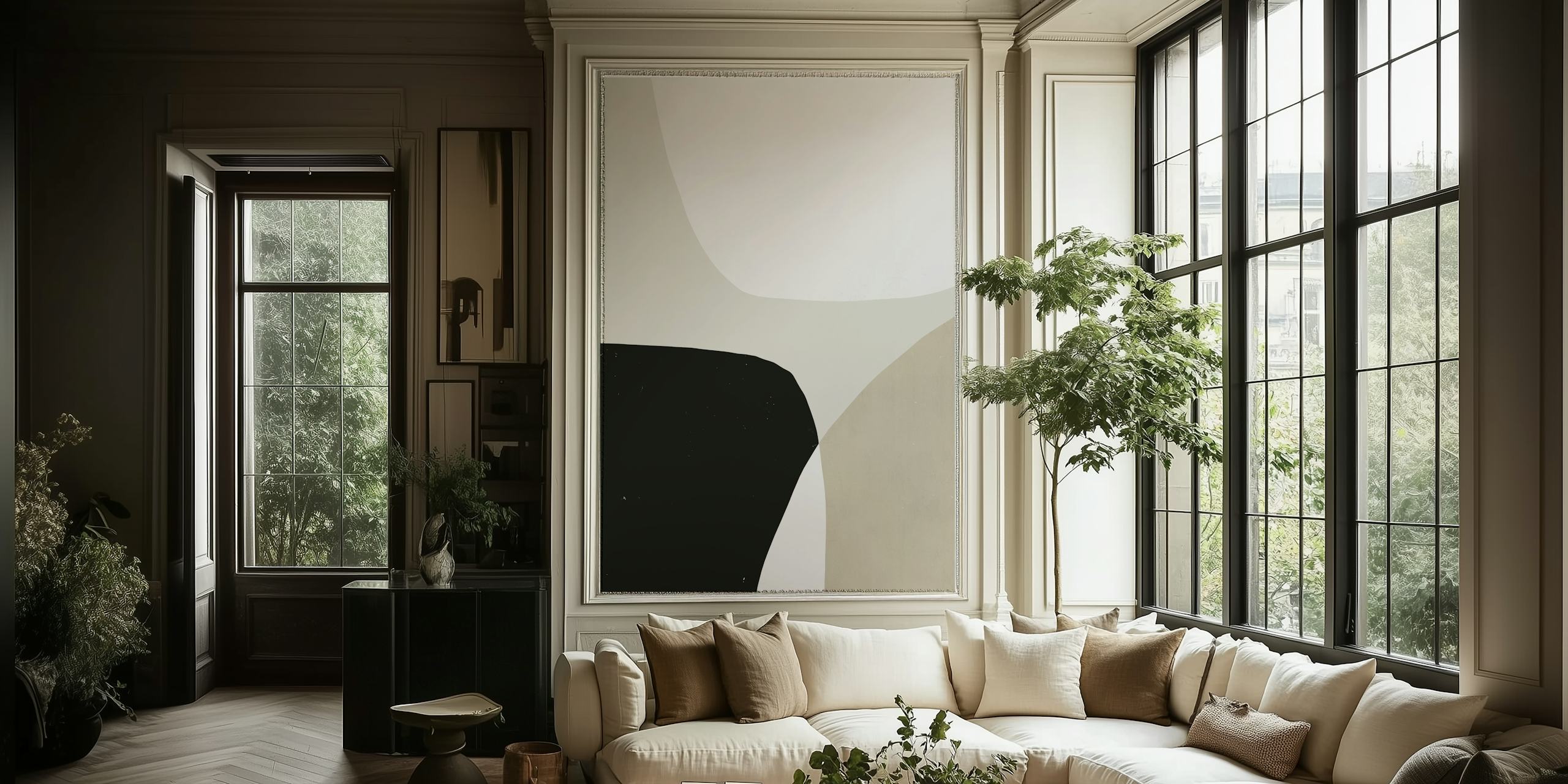 Abstract shapes in black, white, and beige tones wallpaper