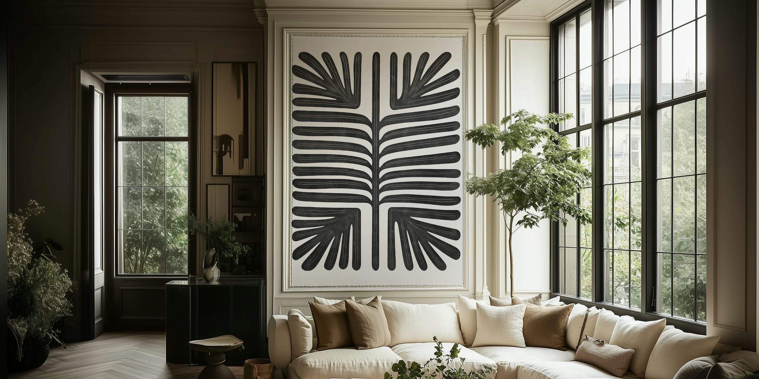 Black and white botanical outline wallpaper design