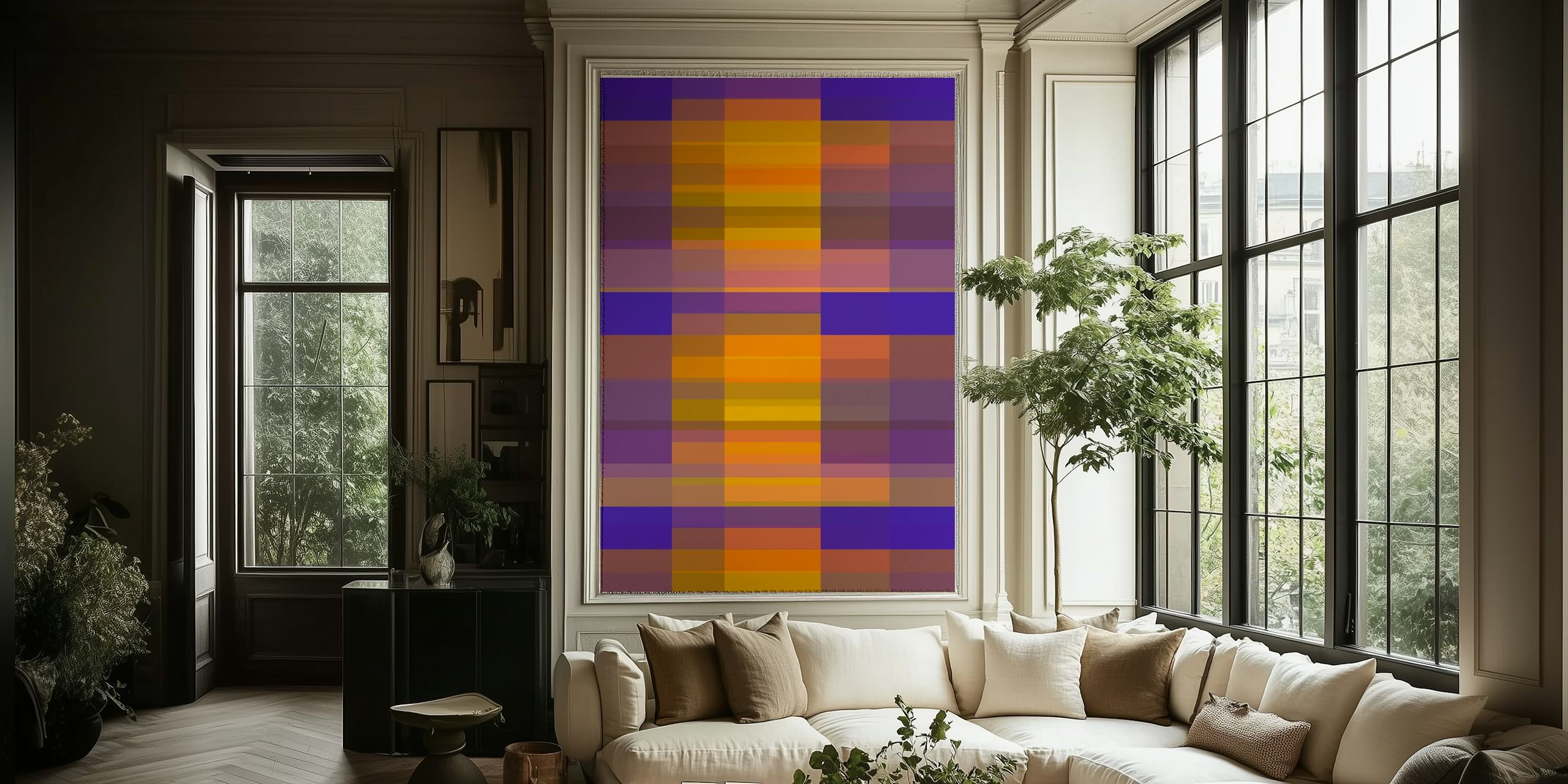 Sunset pixel art wallpaper in a room