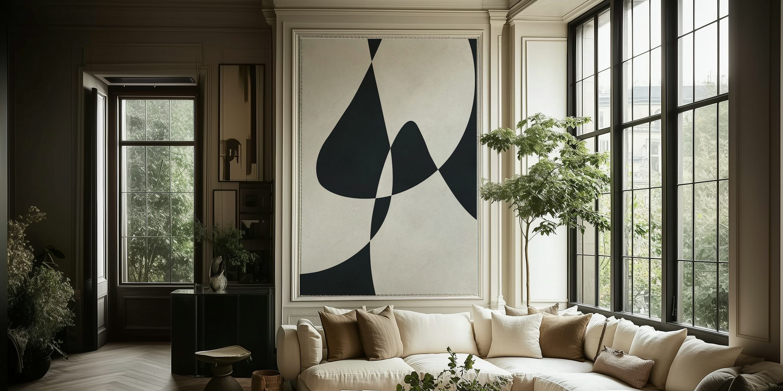 Papel de parede Monochrome Abstract Curves em um quarto