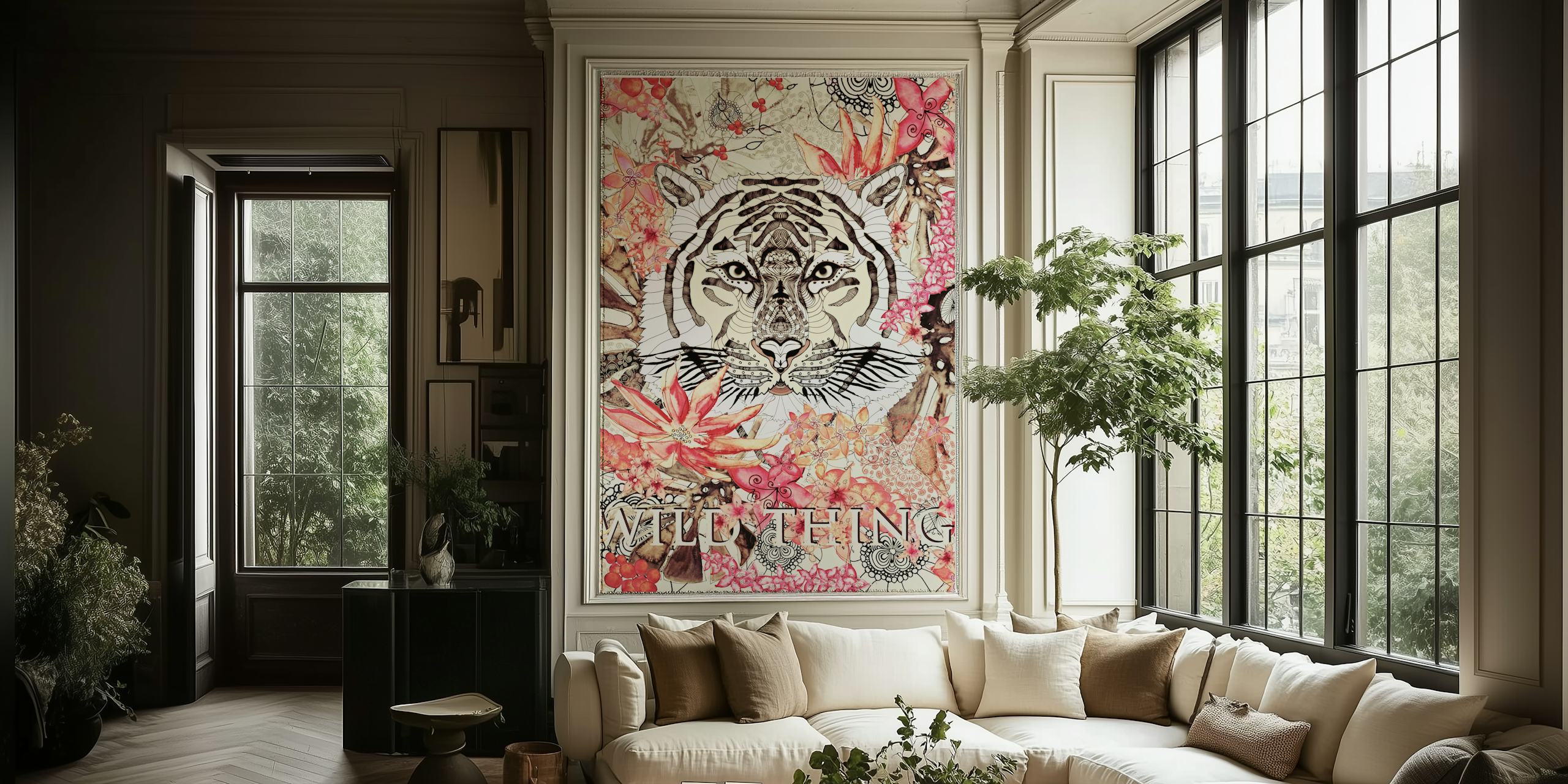 Tiger surrounded by pink flowers and intricate patterns wallpaper