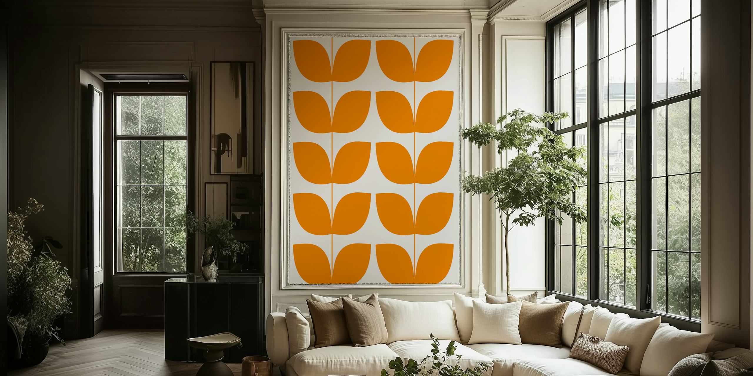 Orange leaf pattern on beige background mid century modern wallpaper