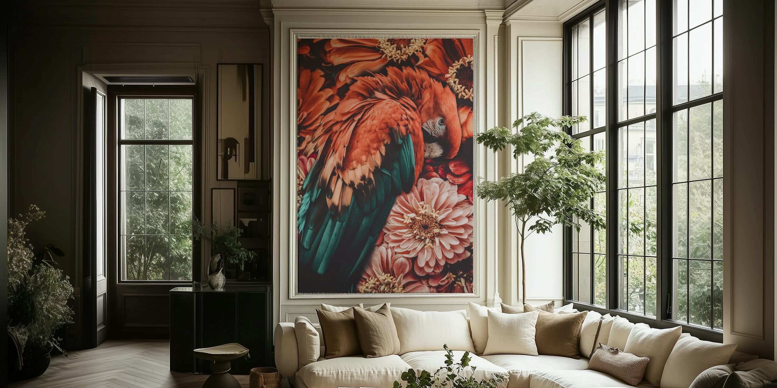 Tropical bird with orange and teal feathers atop pink flowers wallpaper