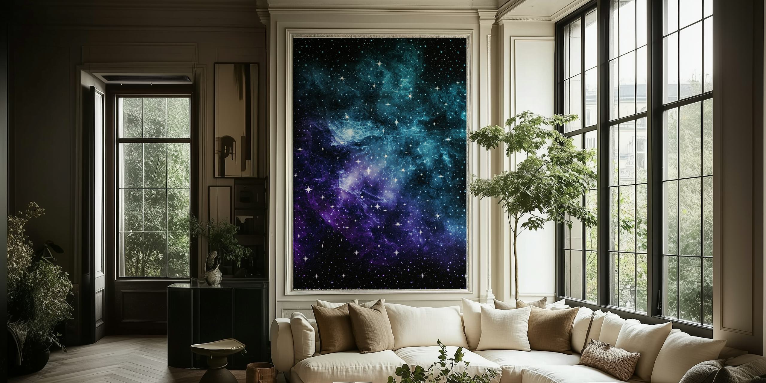 Teal purple galaxy nebula wallpaper in room