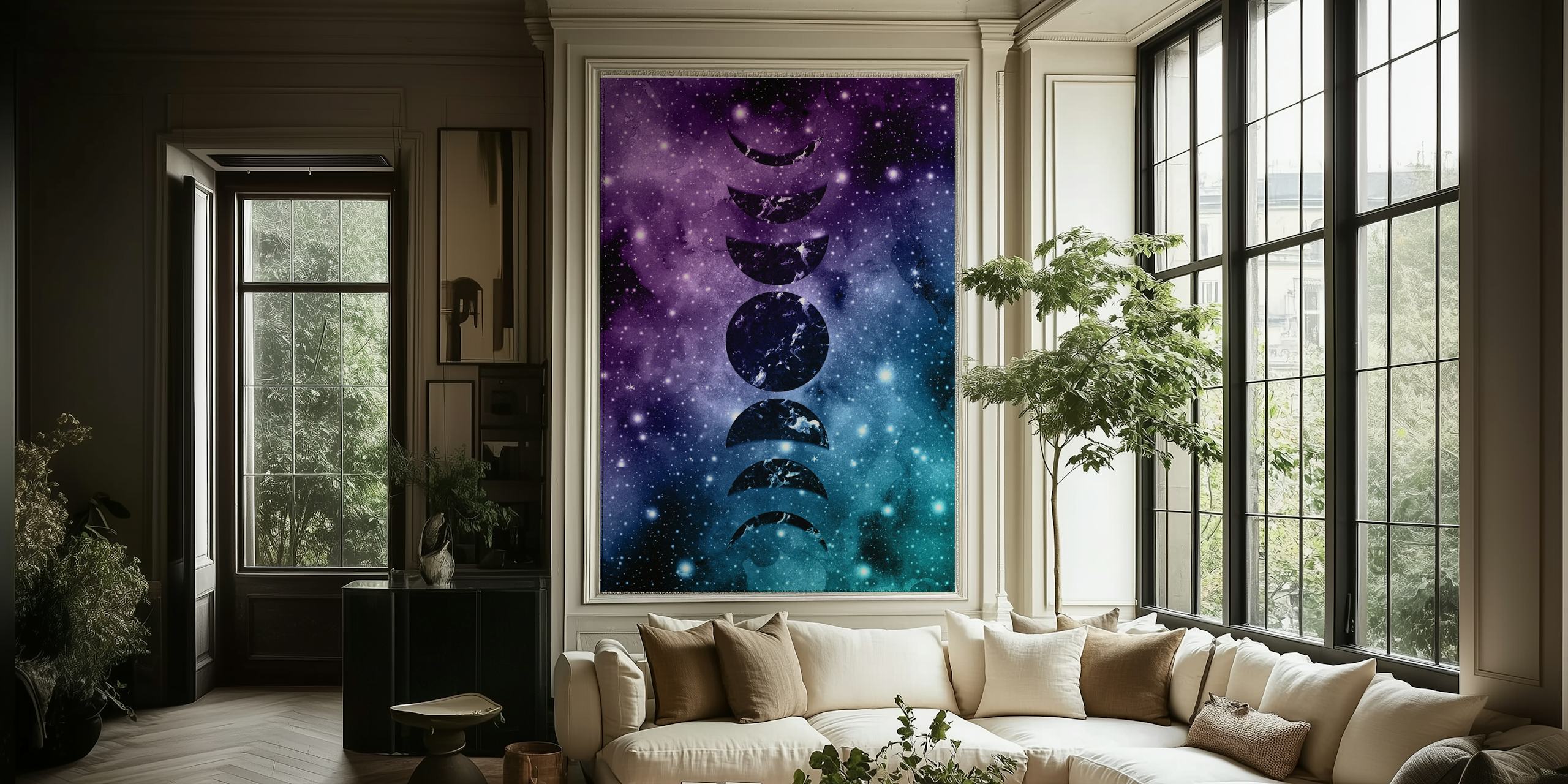 Purple and teal galaxy nebula wall mural with a cosmic design
