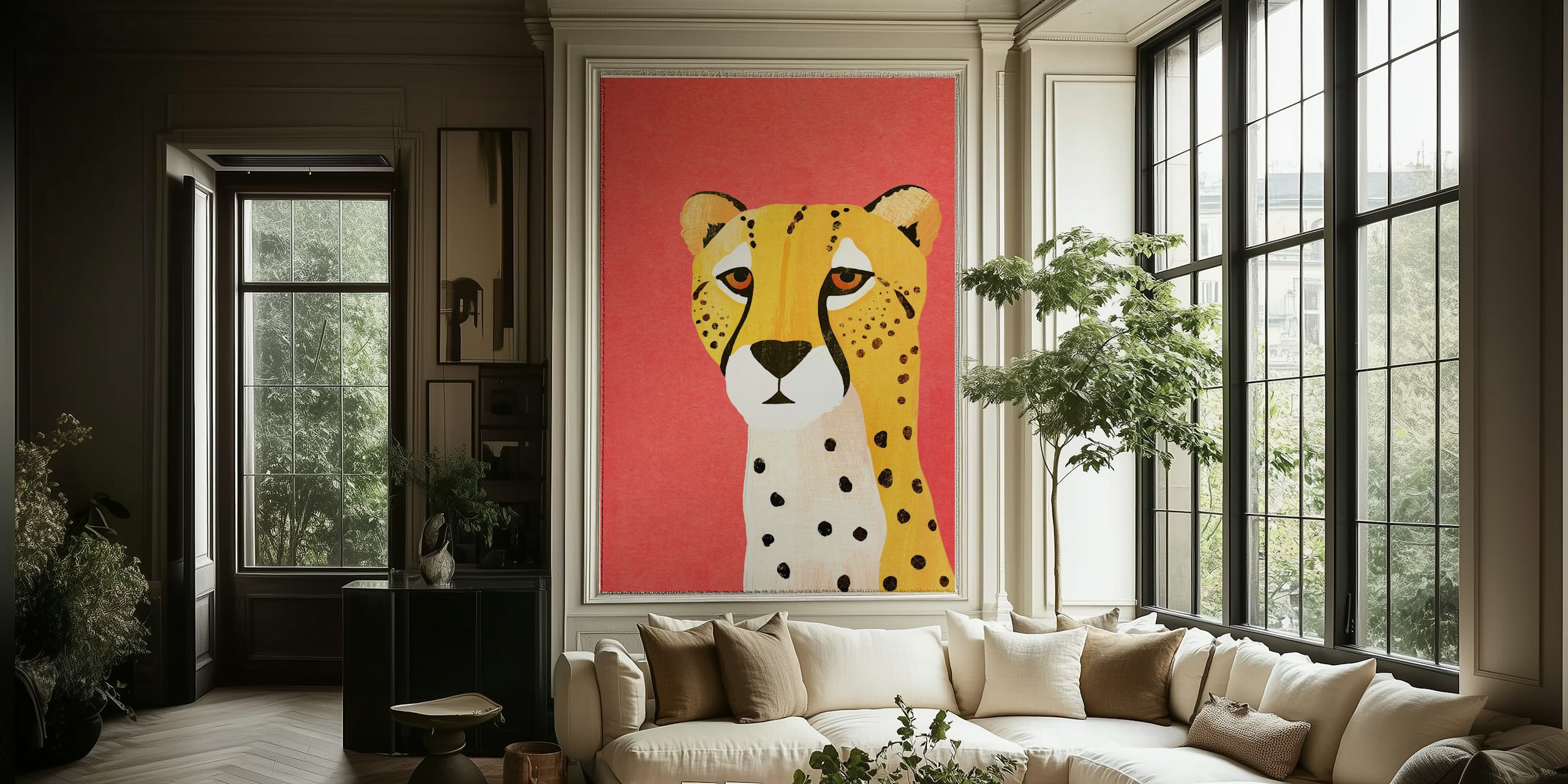 Cheetah face design in yellow on pink background wallpaper