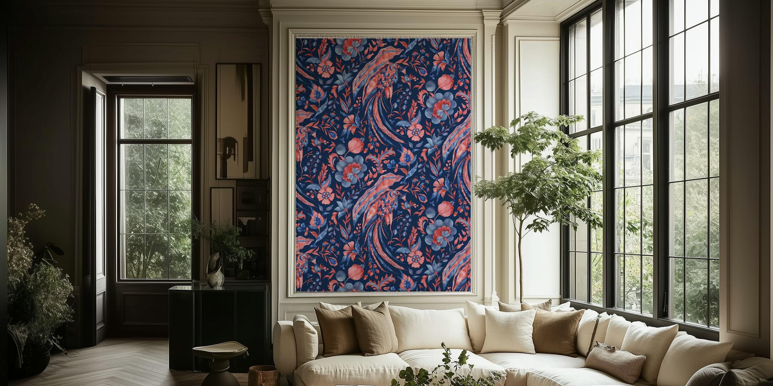 Dark blue floral wallpaper featuring pink flowers and leaves