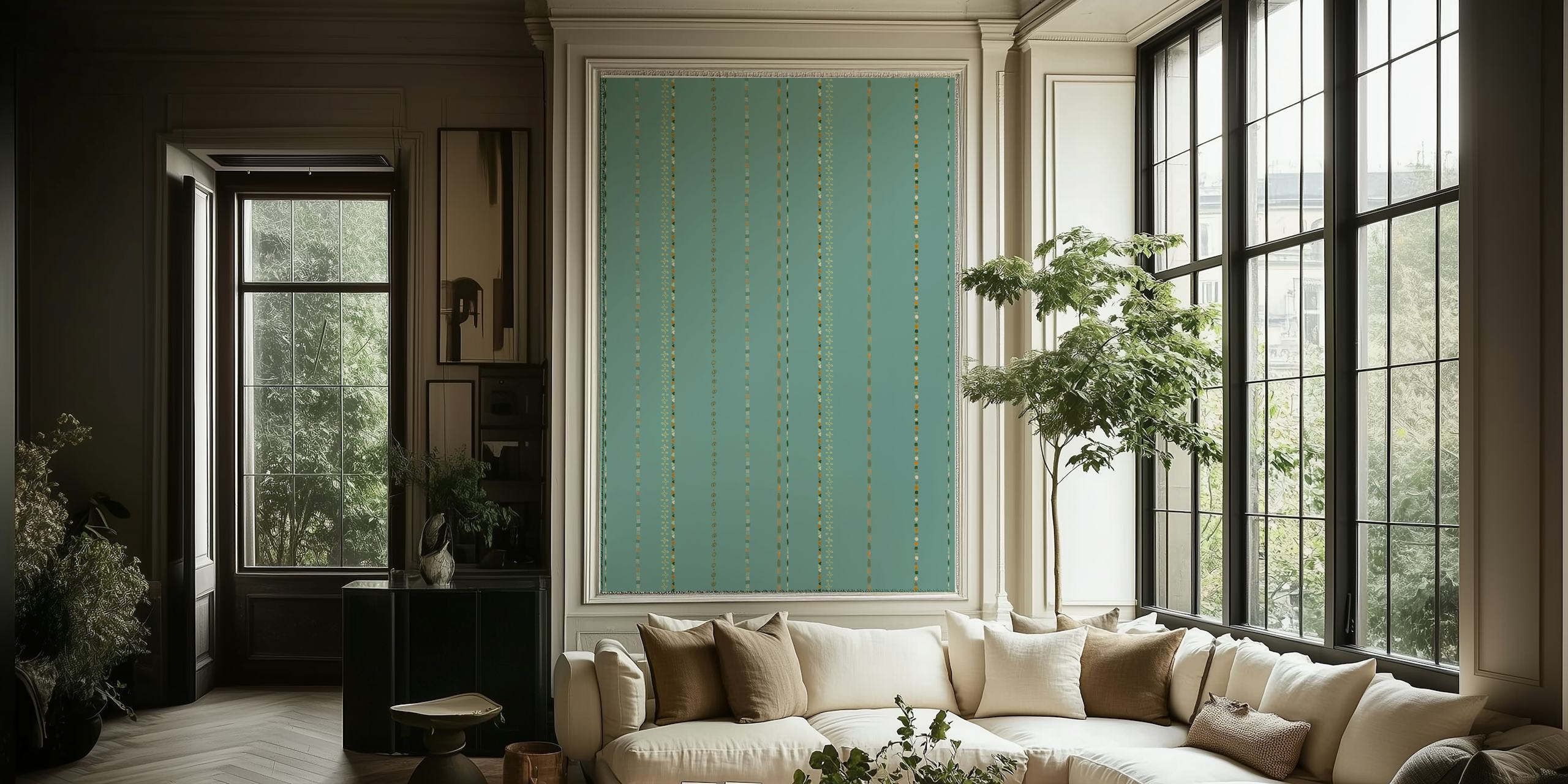 Blue striped wallpaper with gold accents in a modern style