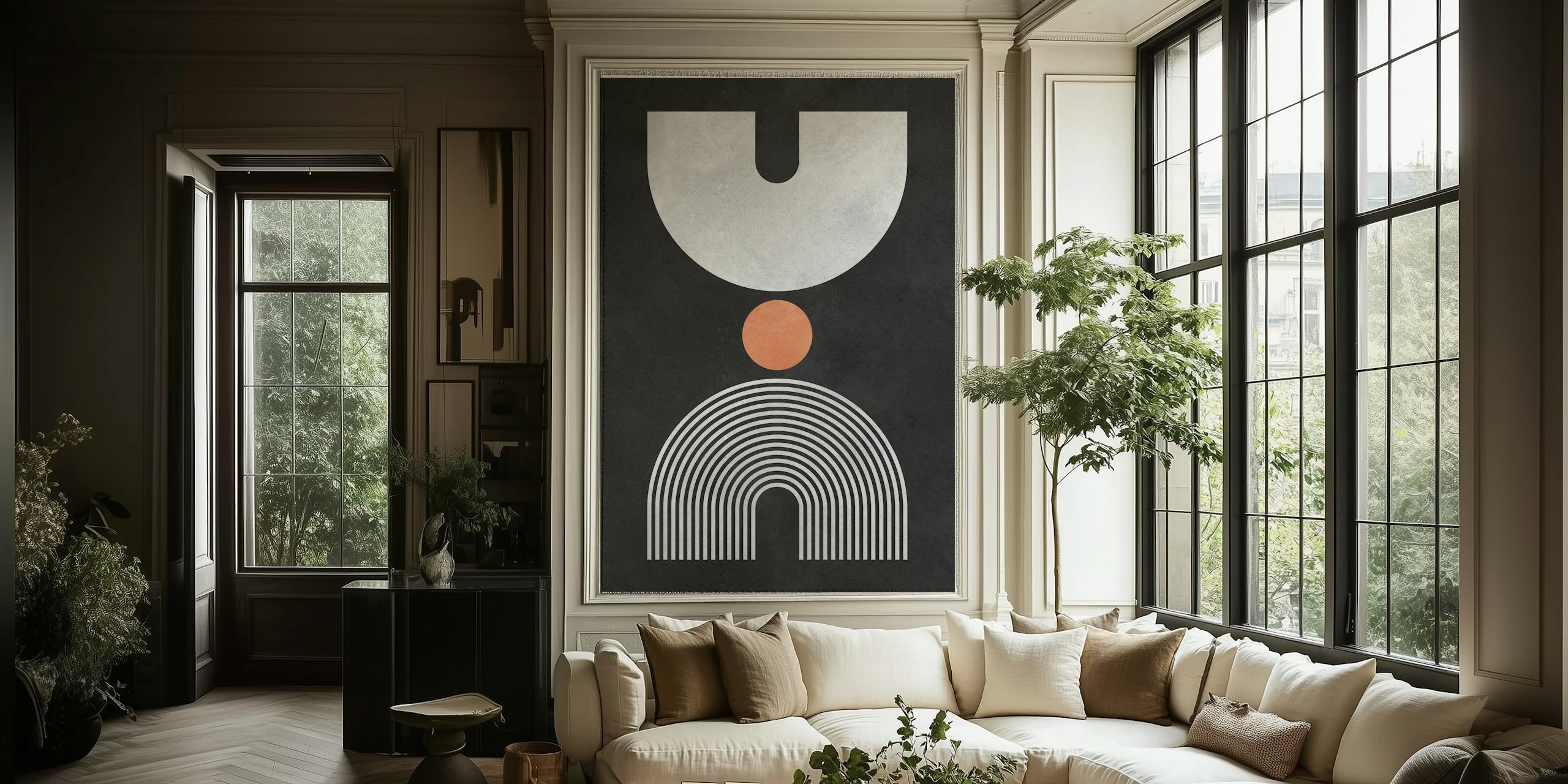 Black and white geometric shapes including lines and circles wallpaper