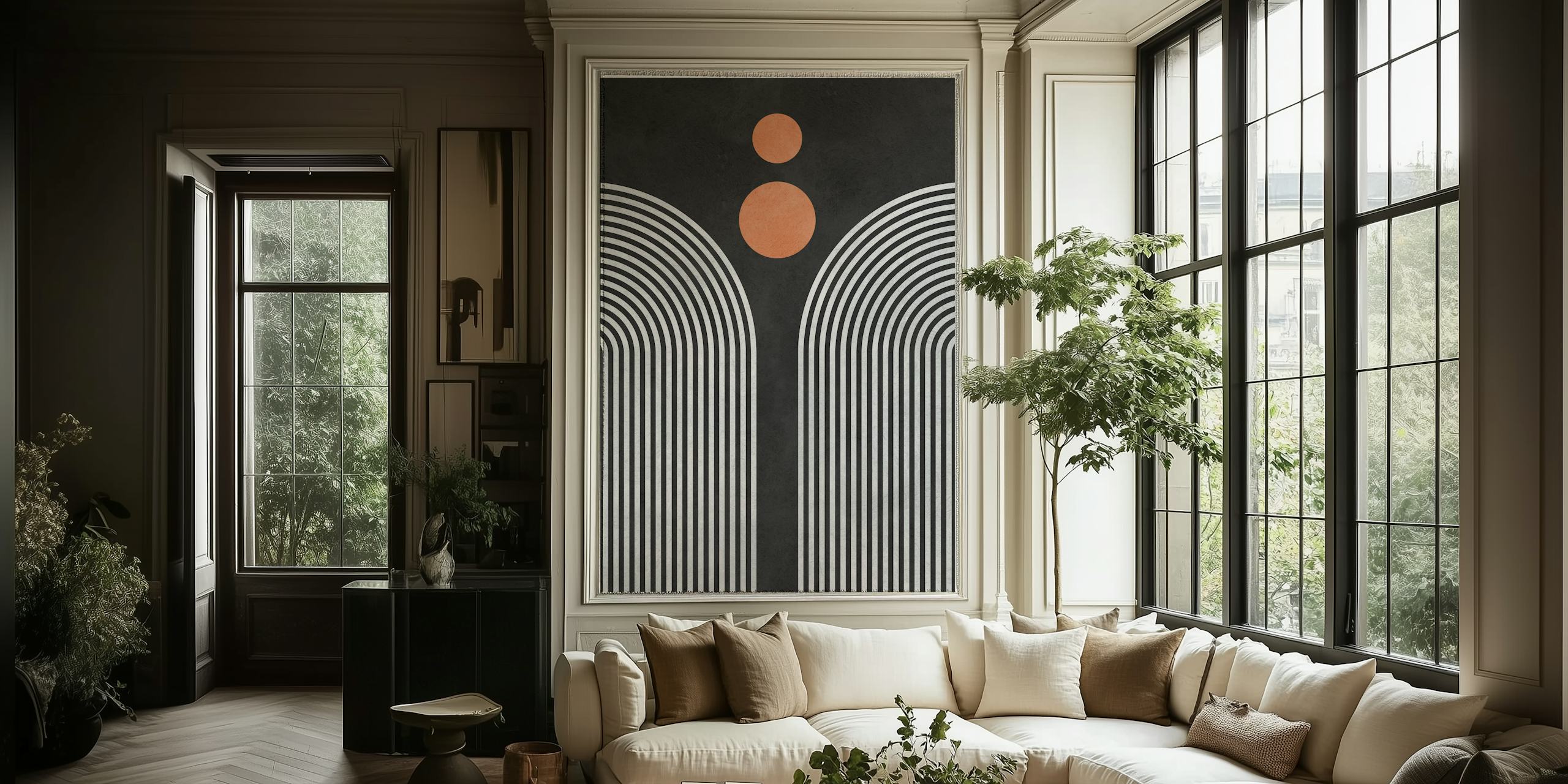Geometric black and white striped wallpaper with circular accents