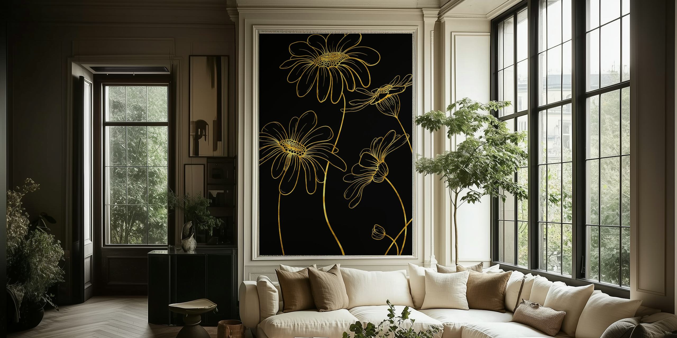 Gold daisies wallpaper in a room