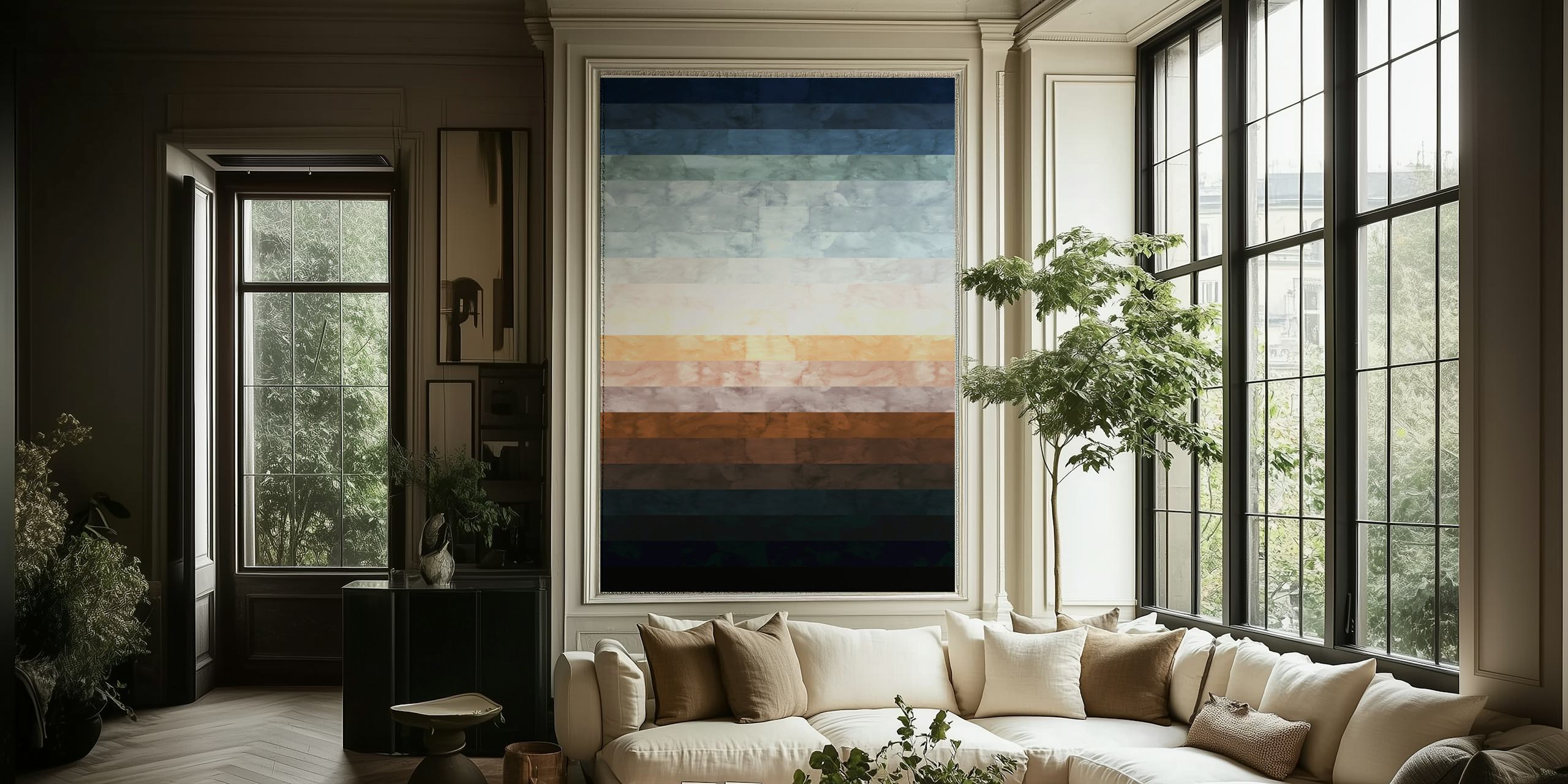 Abstract striped wallpaper in shades of blue, brown, and white