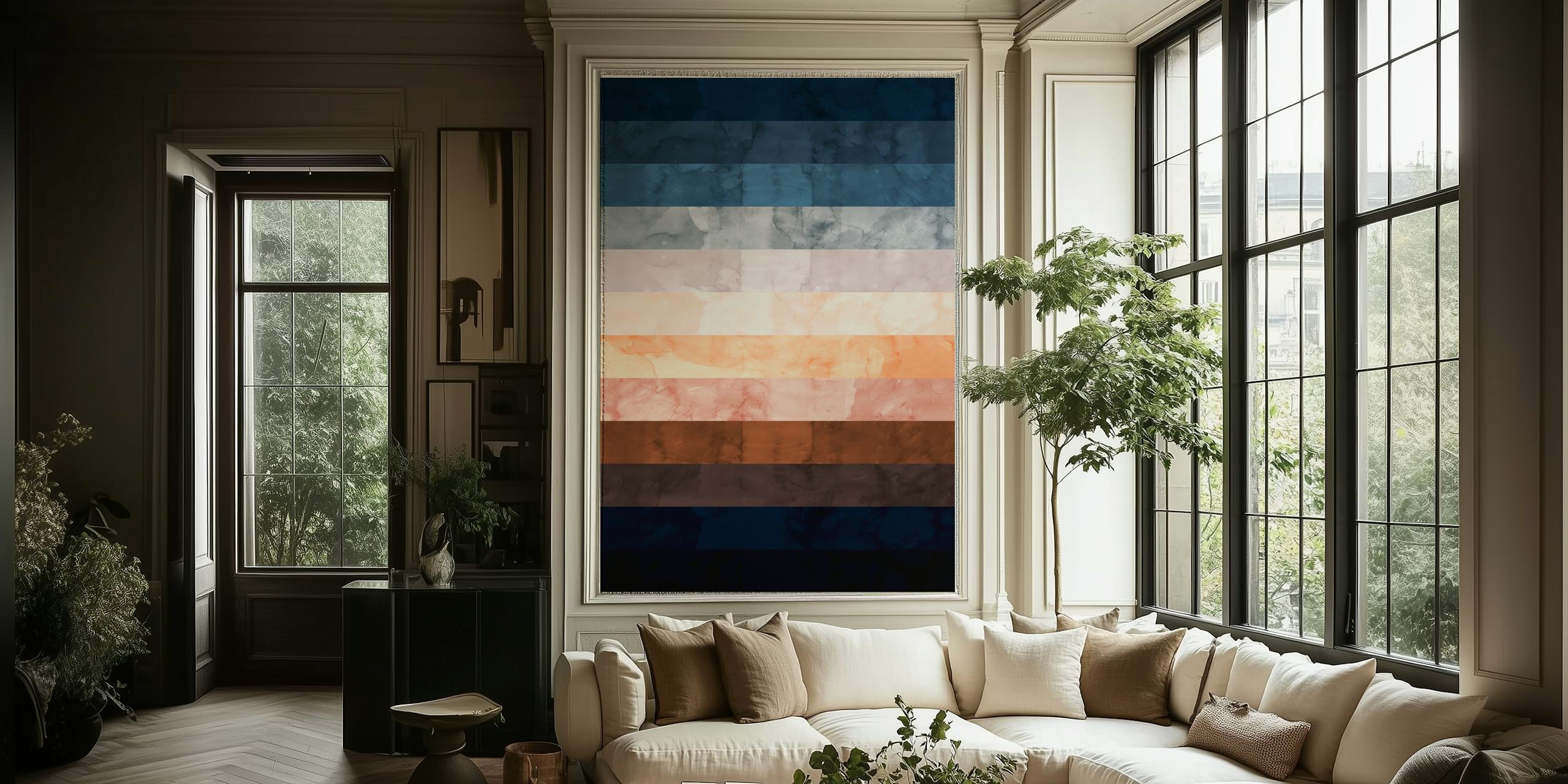 Abstract watercolor wallpaper with stripes in blue, peach, and brown hues.