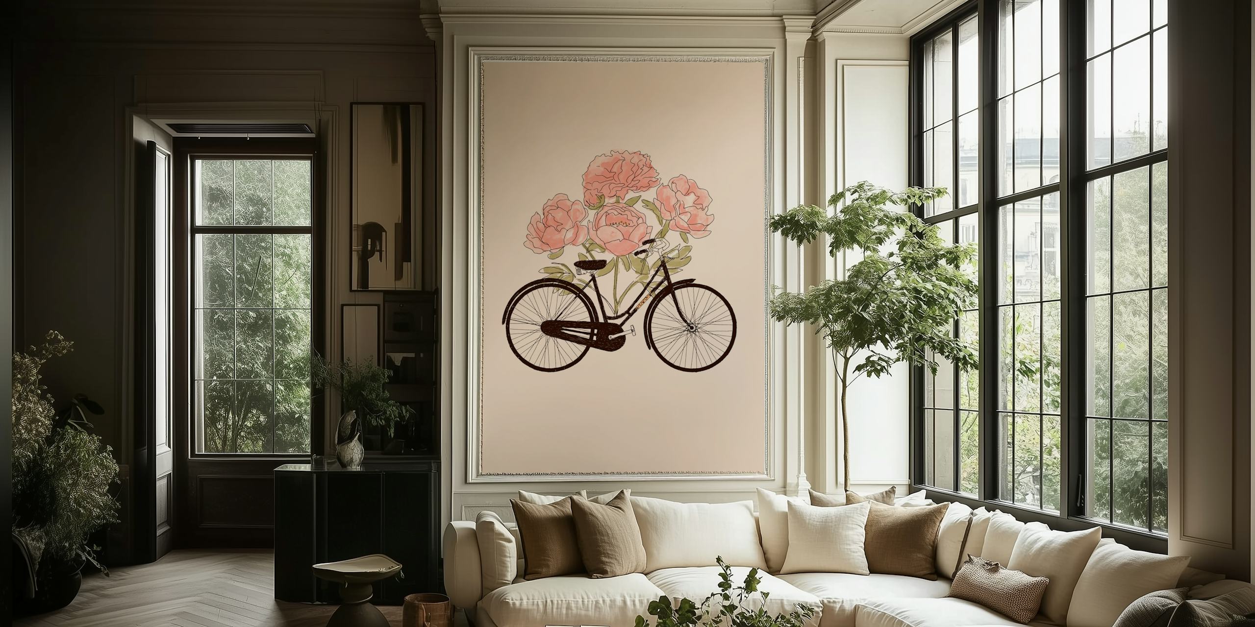 Vintage bike with pink peonies on a soft beige background wallpaper