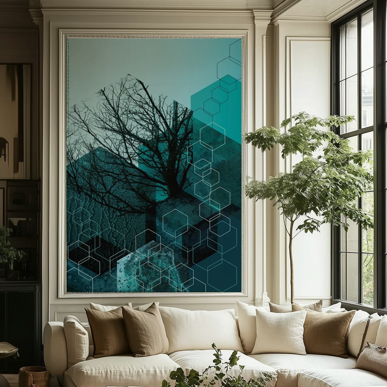 Abstract teal wall mural with a leafless tree and geometric shapes overlay from happywall.com