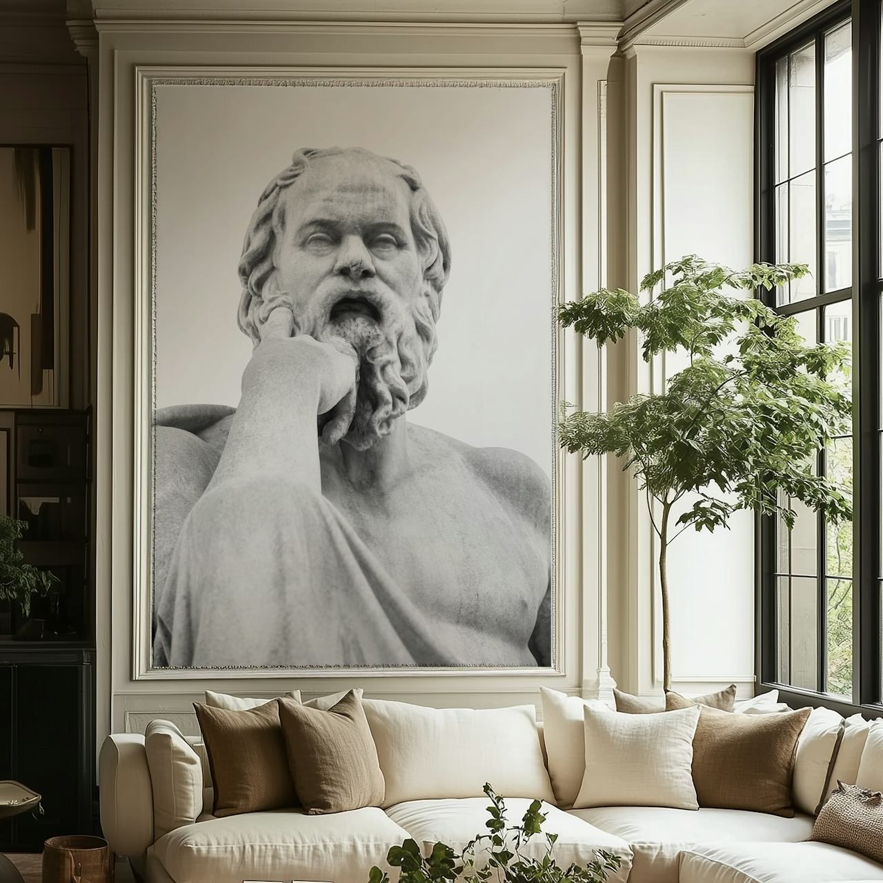 Marble statue of Socrates in black and white wallpaper