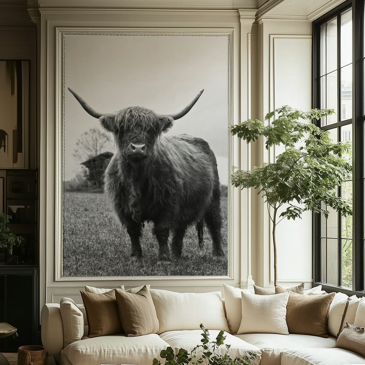 Highland cow with long horns in black and white wallpaper