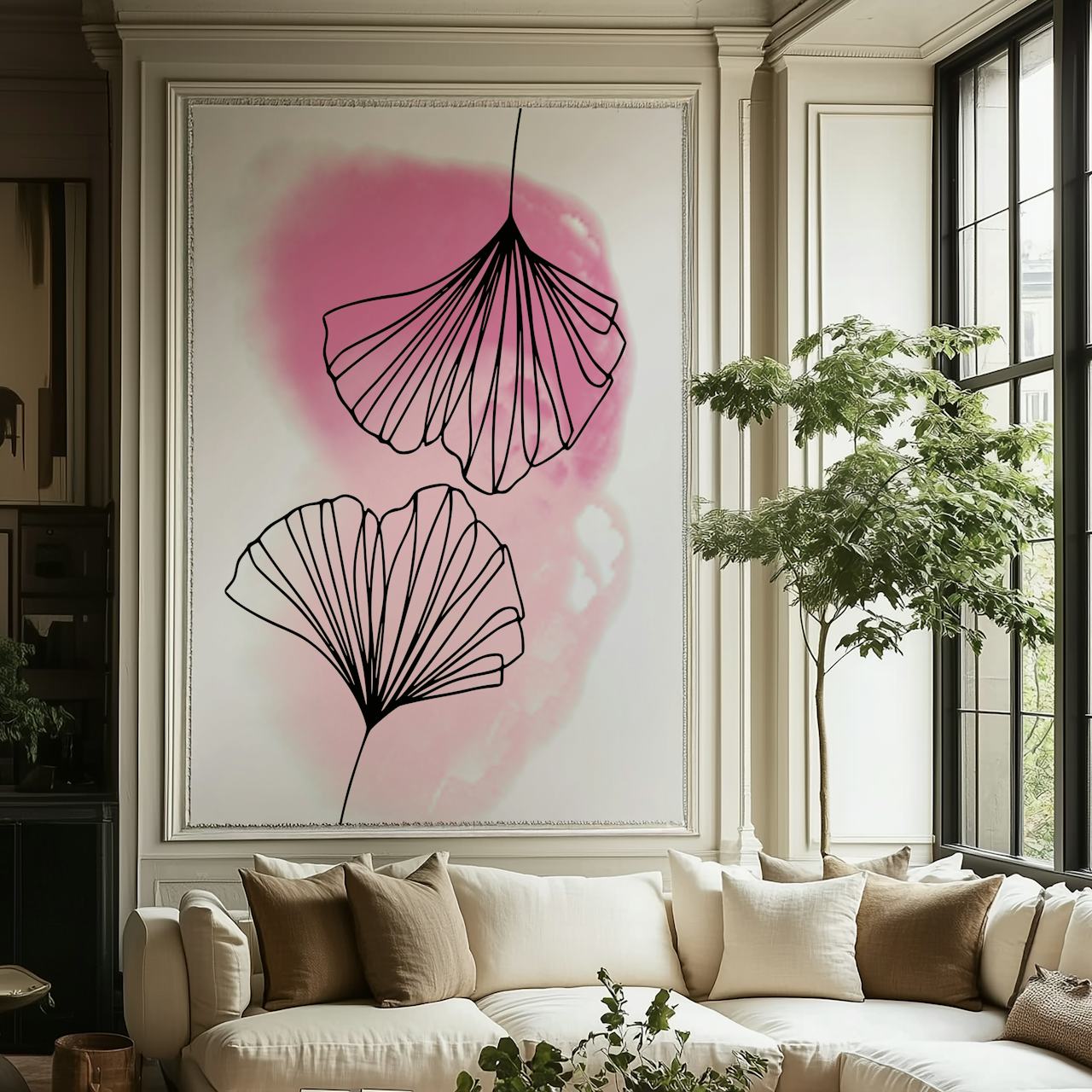 Blush pink and white ginkgo leaf wall mural
