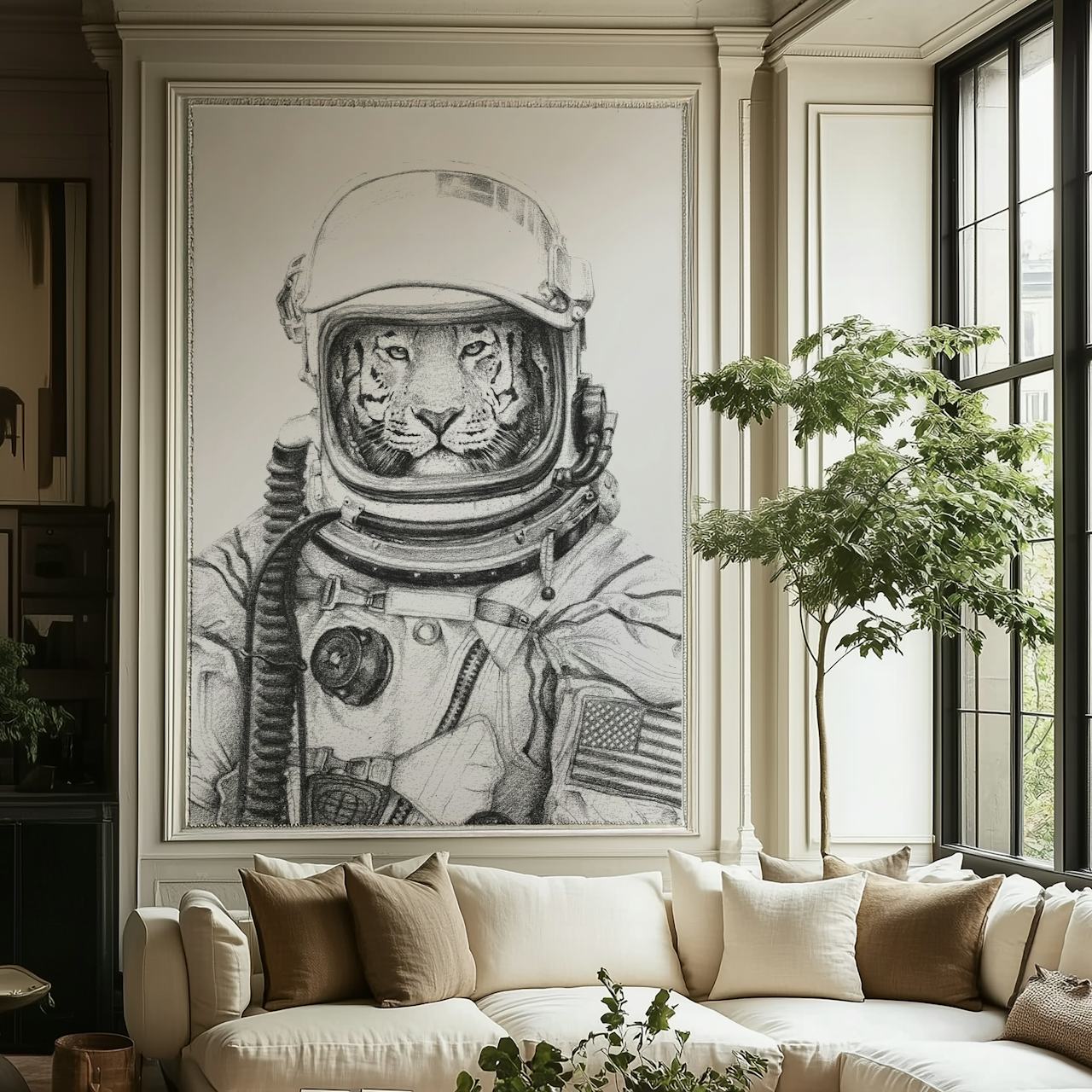 Black and white tiger astronaut illustration wallpaper