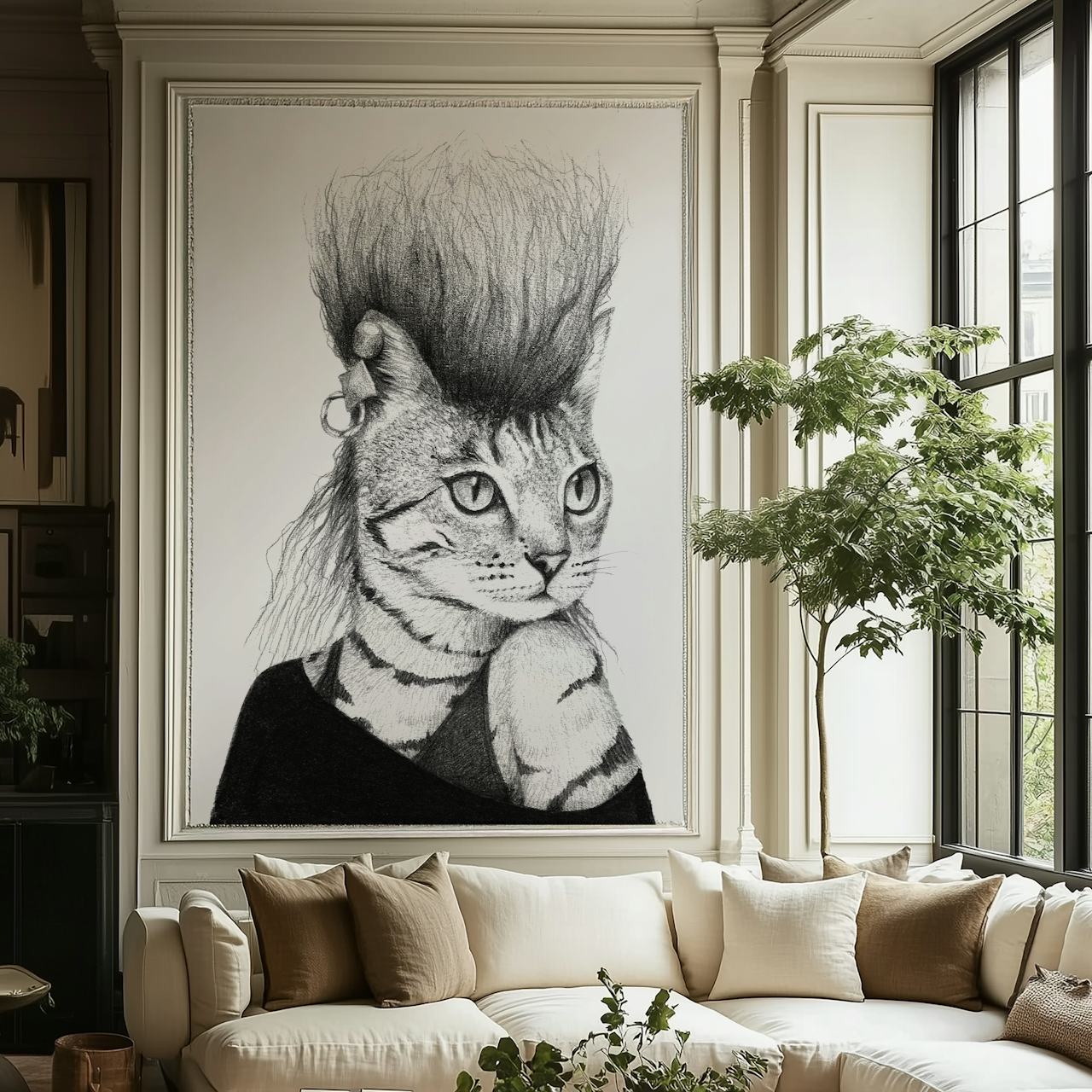 Rock-style cat illustration with mohawk hair in black and white wallpaper