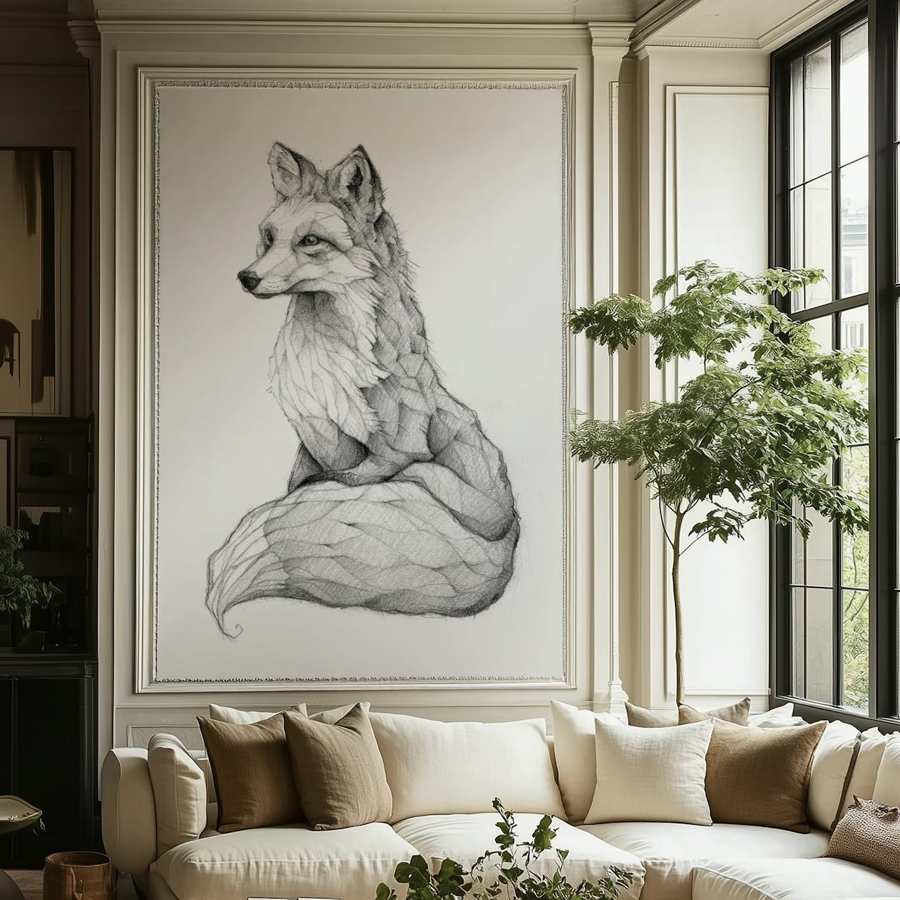 Artistic fox illustration in monochrome on wallpaper
