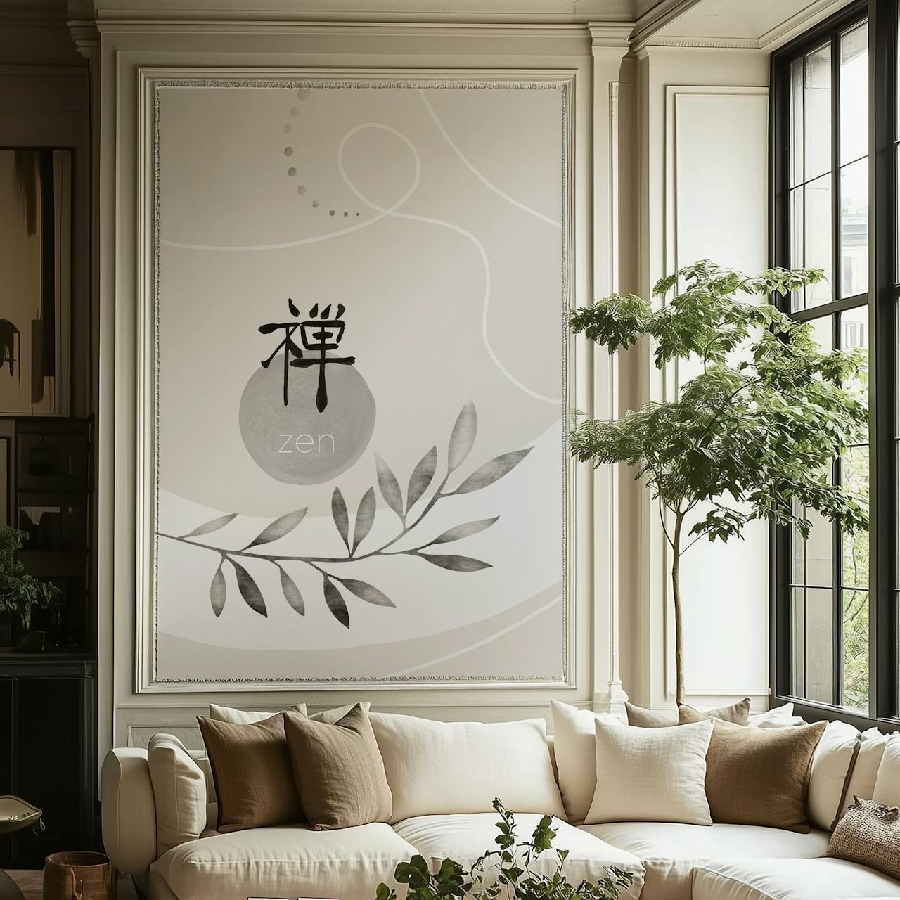 Minimalist grey and beige wallpaper with leaf patterns and Zen text