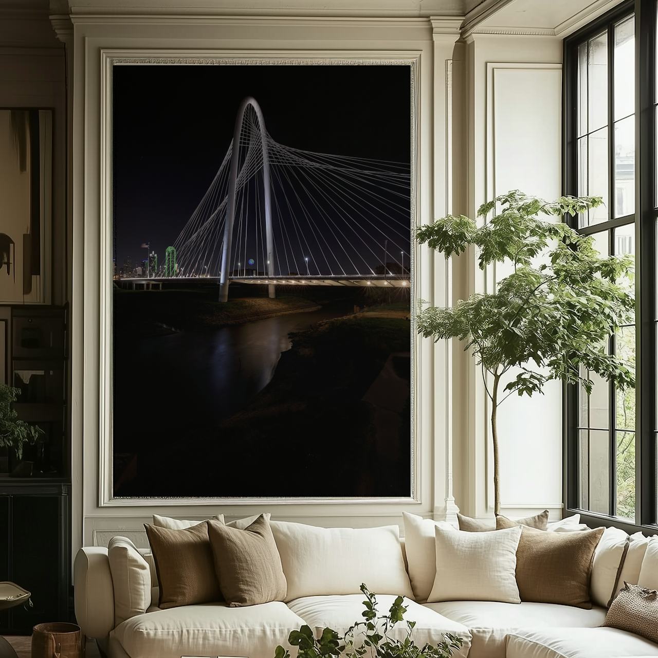 Nighttime view of Margaret Hunt Hill Bridge with city lights wallpaper