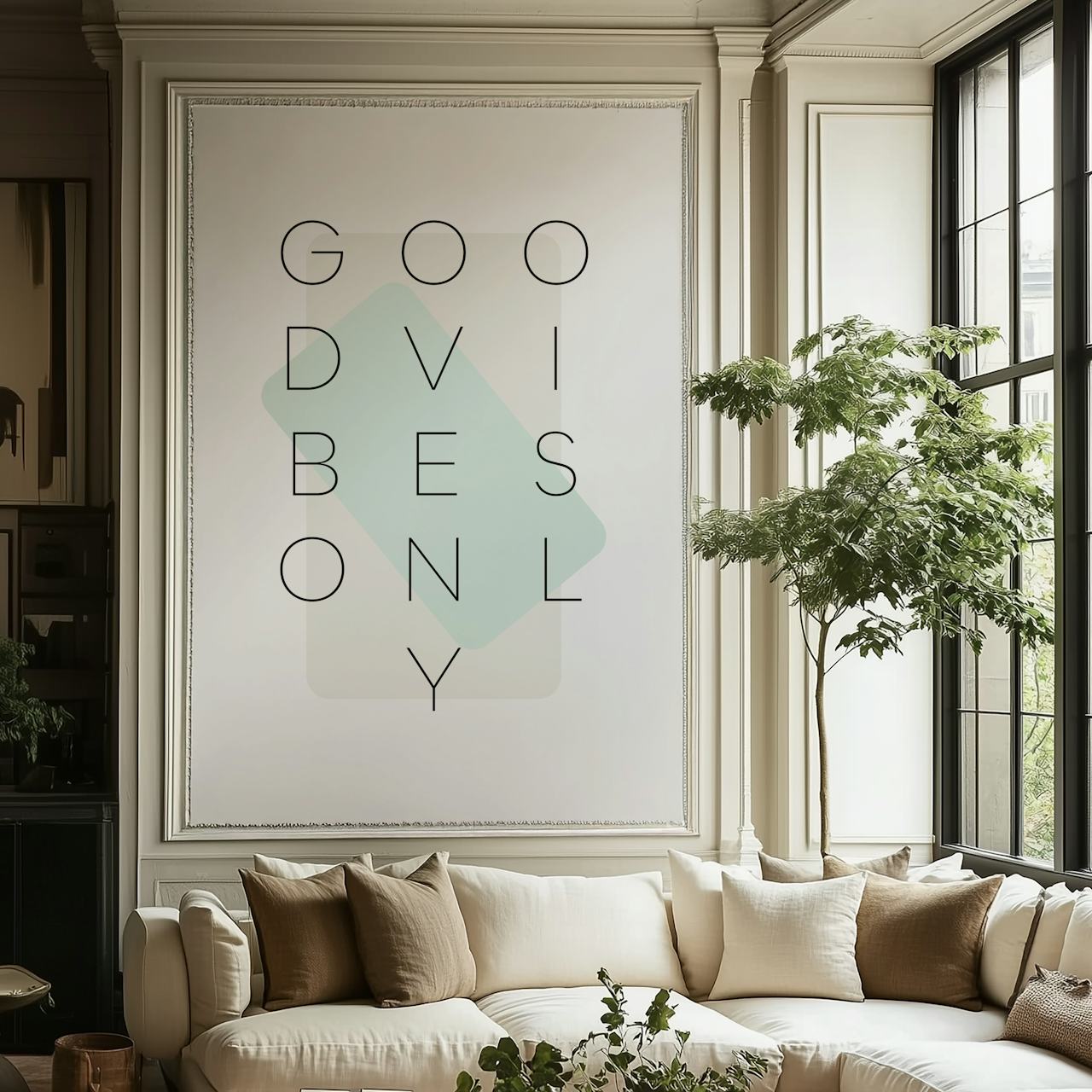 Good vibes only turquoise wallpaper in a room