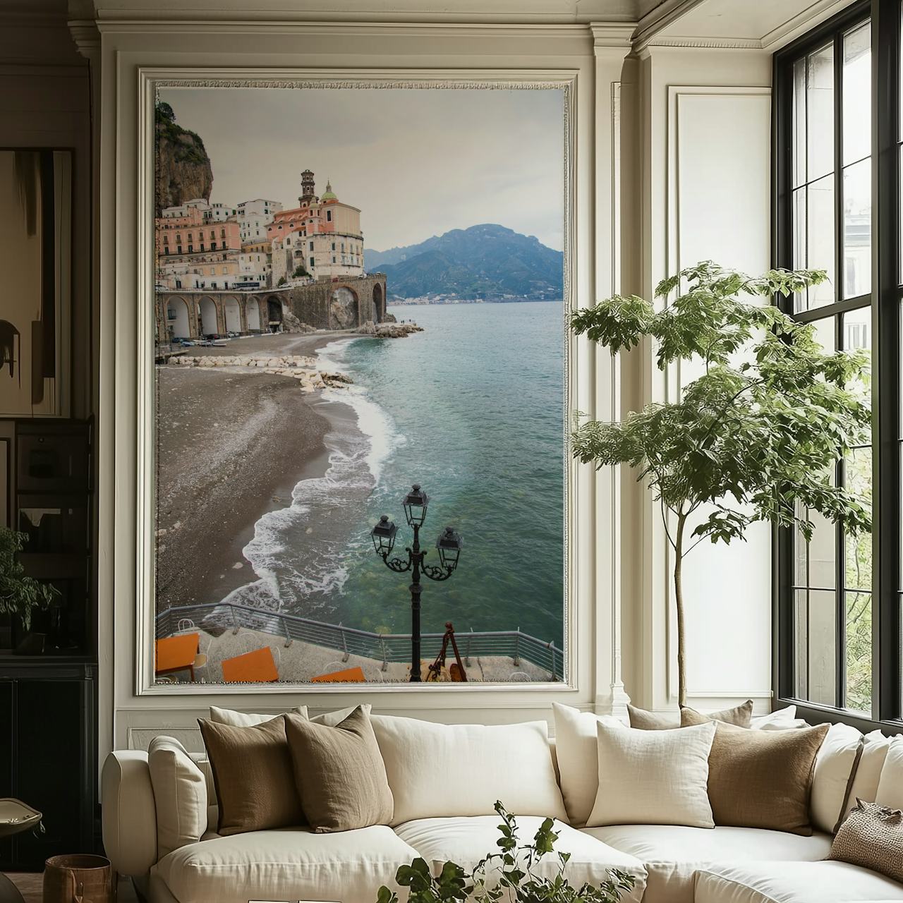 Atrani village on the Amalfi Coast with pebble beach and historic architecture wall mural