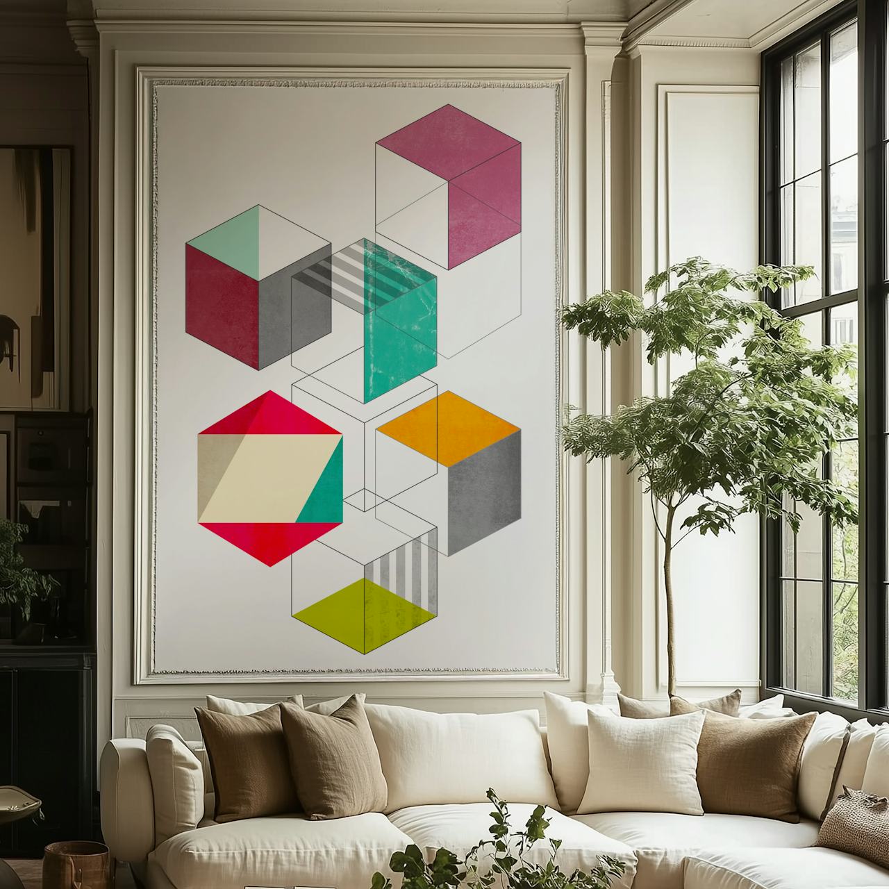 Colorful cubes wallpaper in a room setting
