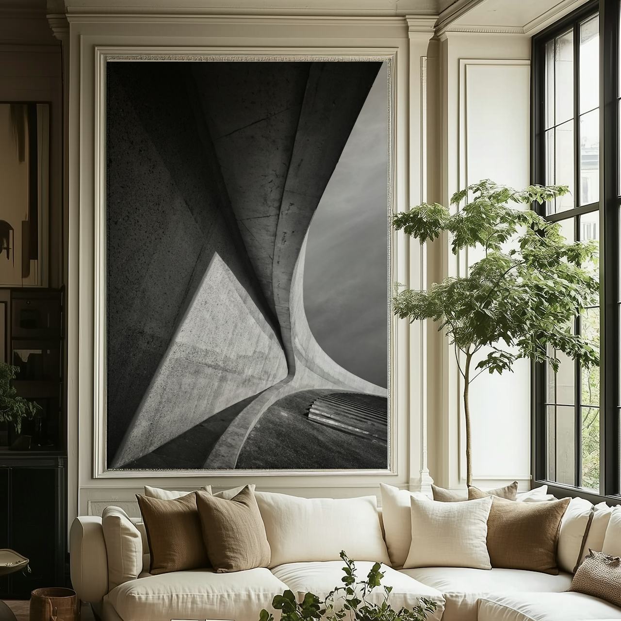 Curved concrete shapes in black and white wallpaper