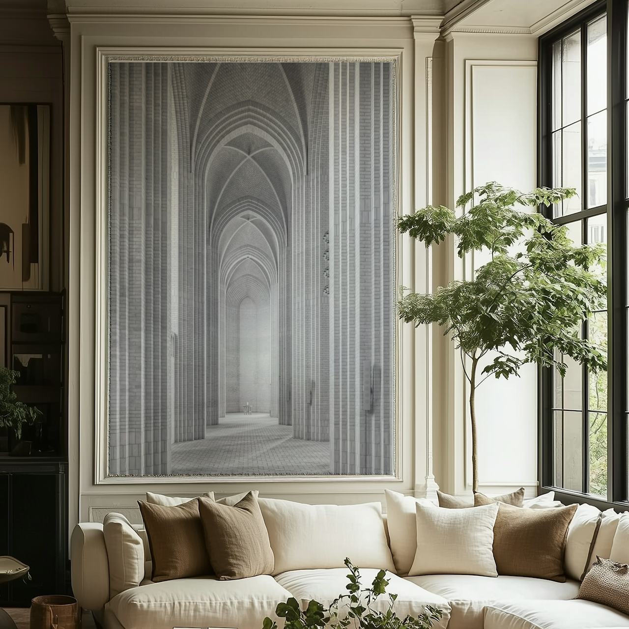 Architektur im monochromen Stil, hohe Bögen, schwarz-weiß Tapete