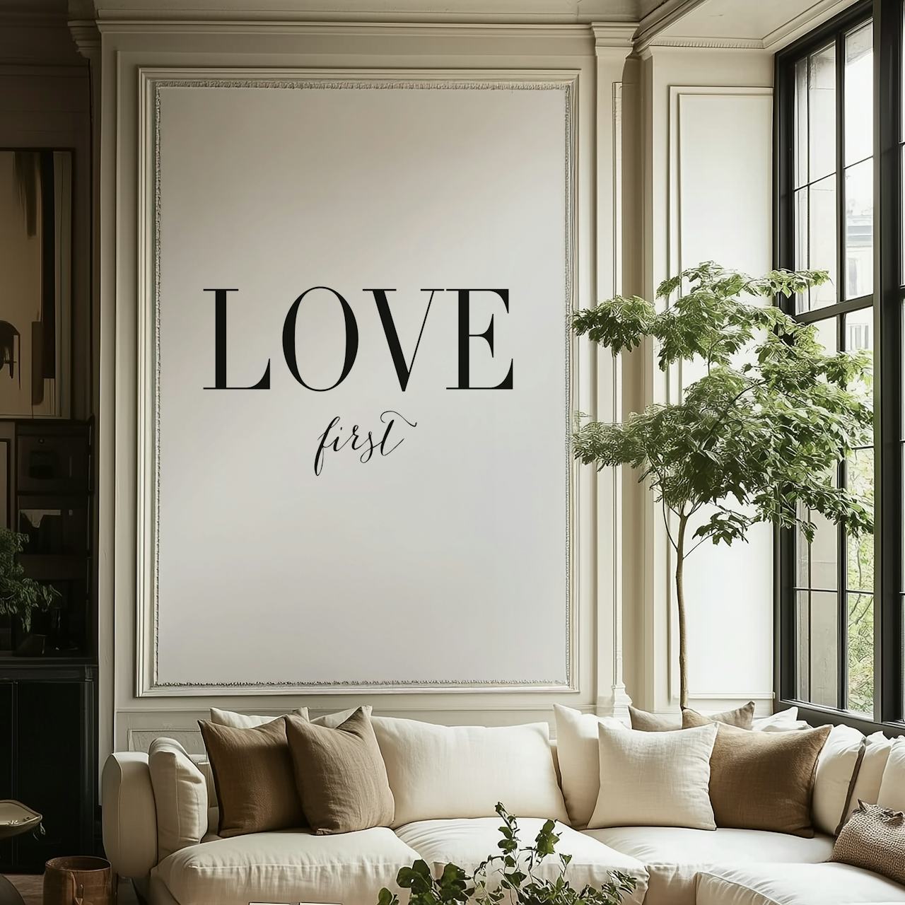 Modern typography wallpaper displaying the phrase 'LOVE first' in black on a white background