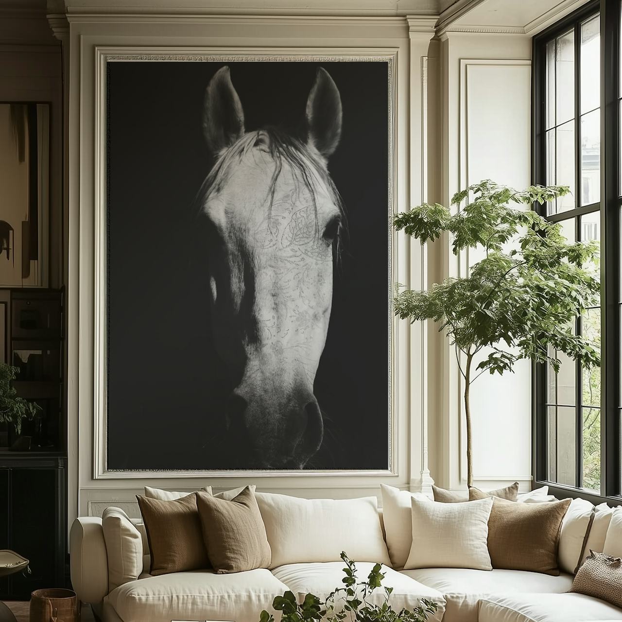 Hoofd van een wit paard met tattoo-achtige patronen, zwart-wit wallpaper